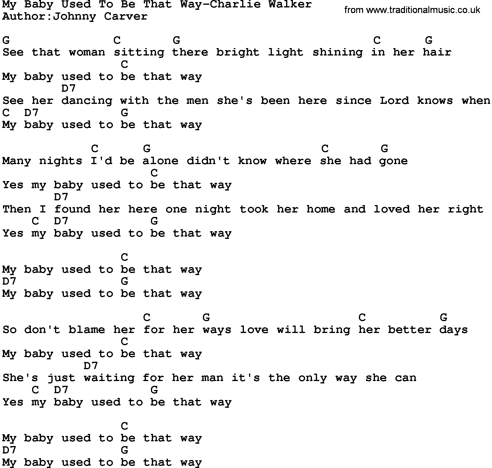 Country music song: My Baby Used To Be That Way-Charlie Walker lyrics and chords