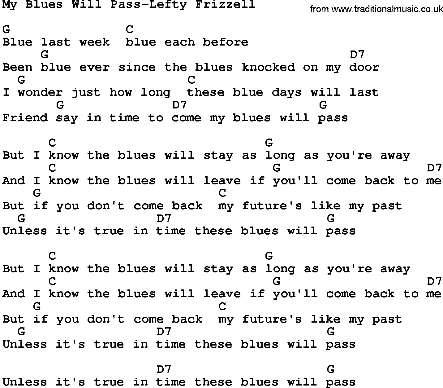 Country music song: My Blues Will Pass-Lefty Frizzell lyrics and chords