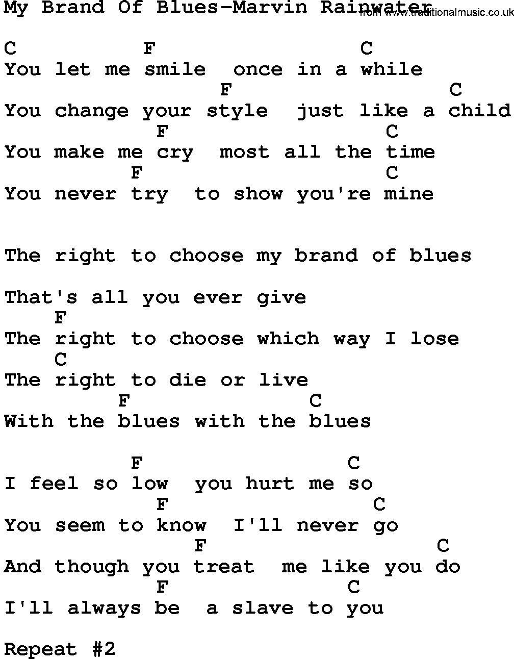 Country music song: My Brand Of Blues-Marvin Rainwater lyrics and chords