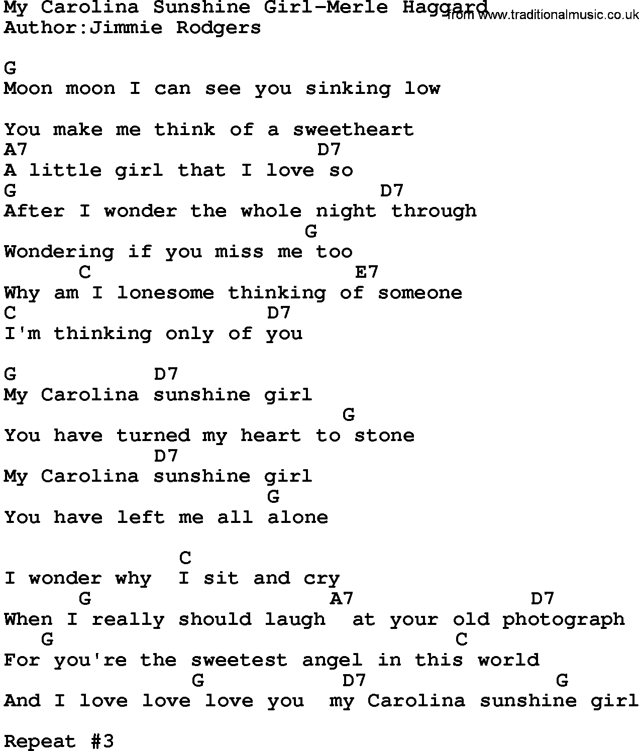 Country music song: My Carolina Sunshine Girl-Merle Haggard lyrics and chords