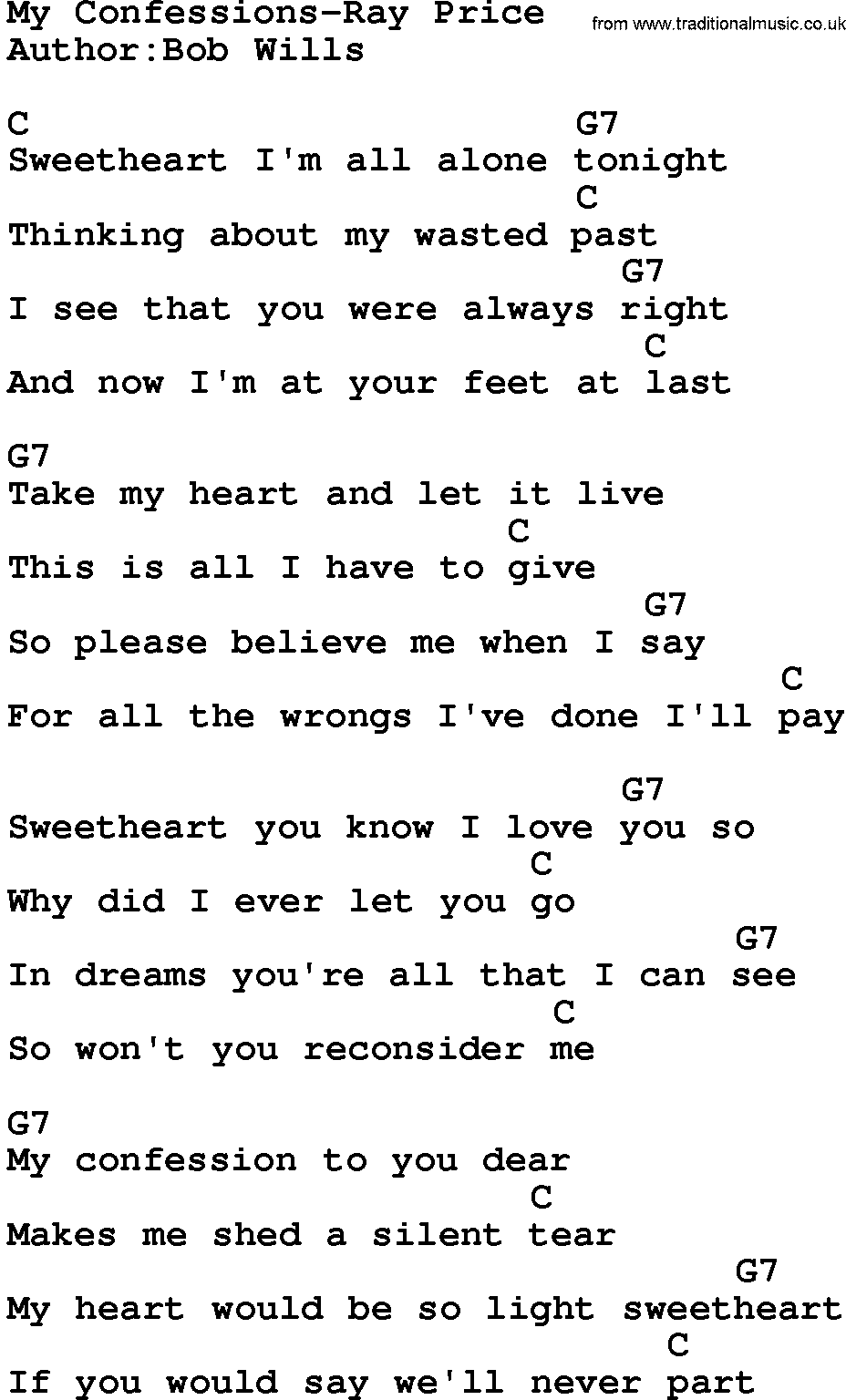 Country music song: My Confessions-Ray Price lyrics and chords