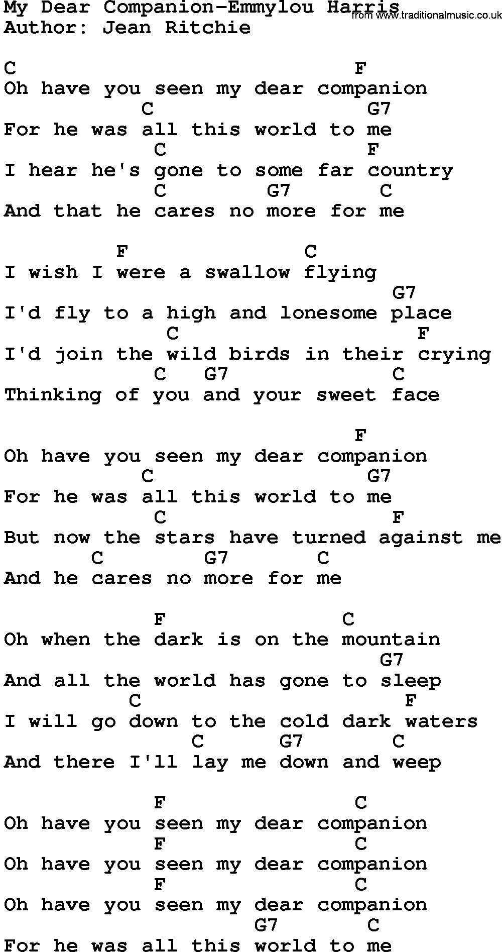 Country music song: My Dear Companion-Emmylou Harris lyrics and chords