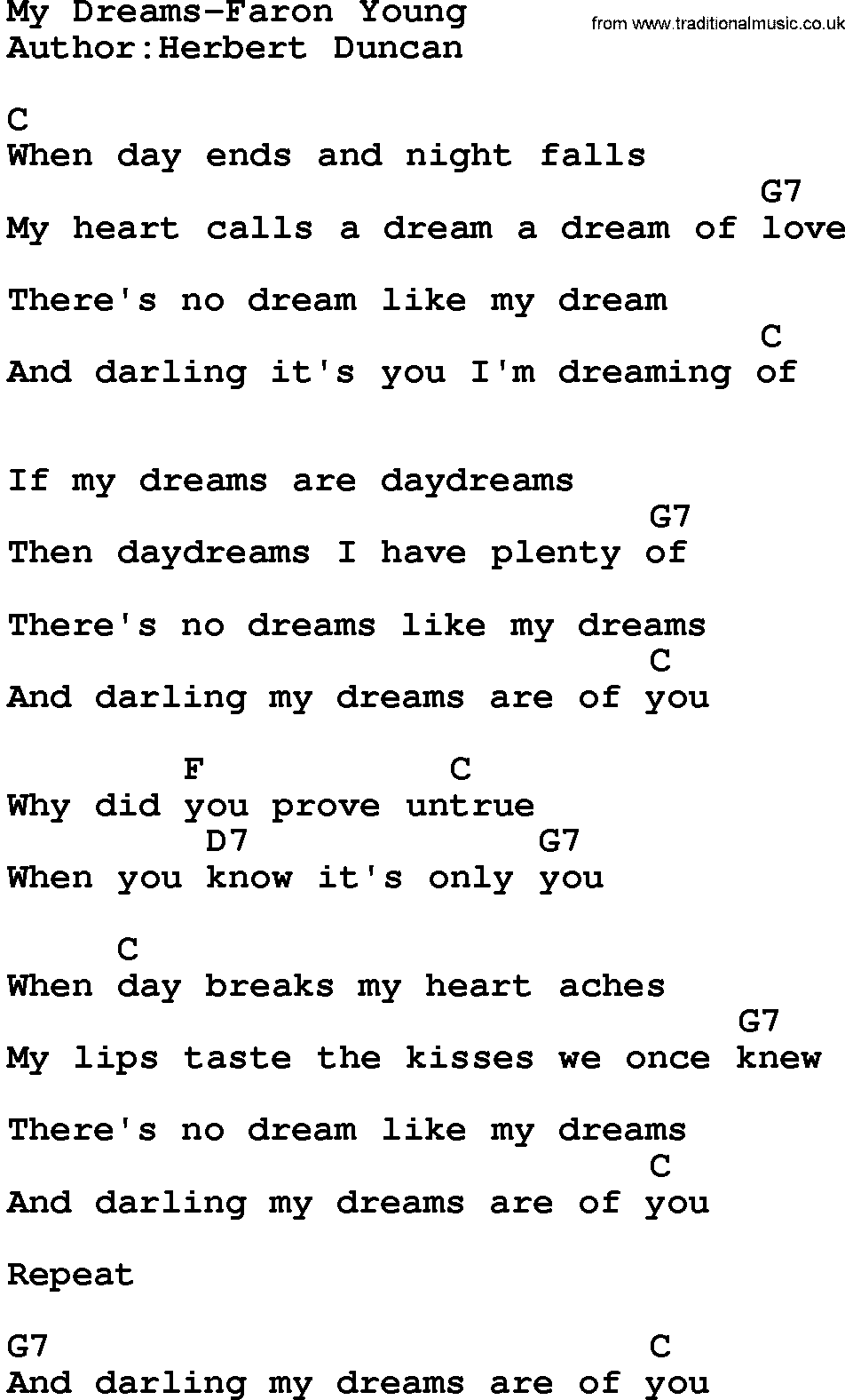 Country music song: My Dreams-Faron Young lyrics and chords