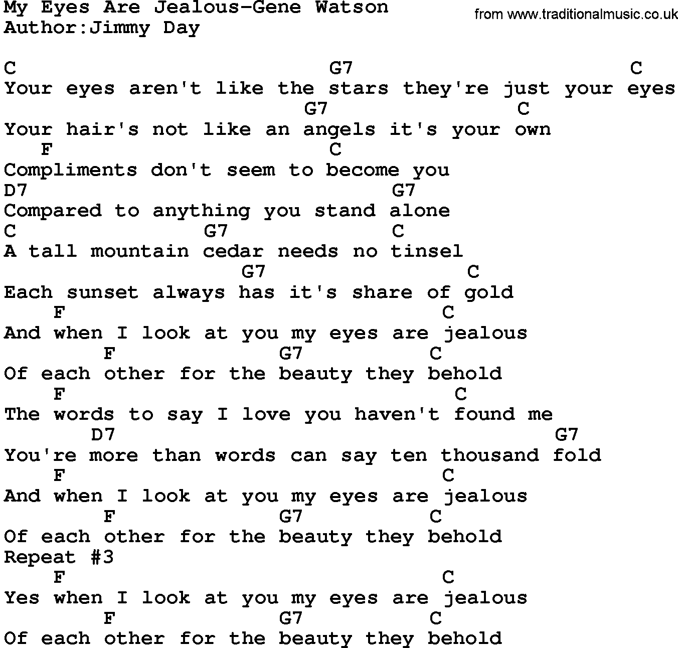 Country music song: My Eyes Are Jealous-Gene Watson lyrics and chords