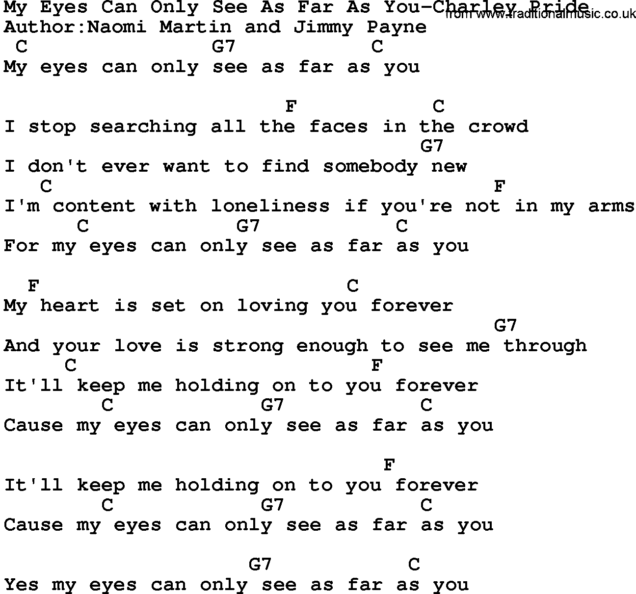 Country music song: My Eyes Can Only See As Far As You-Charley Pride lyrics and chords