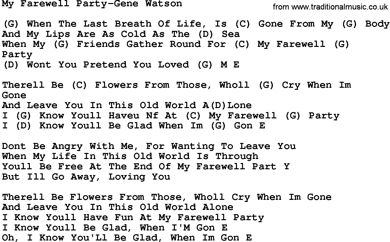 Country music song: My Farewell Party-Gene Watson lyrics and chords