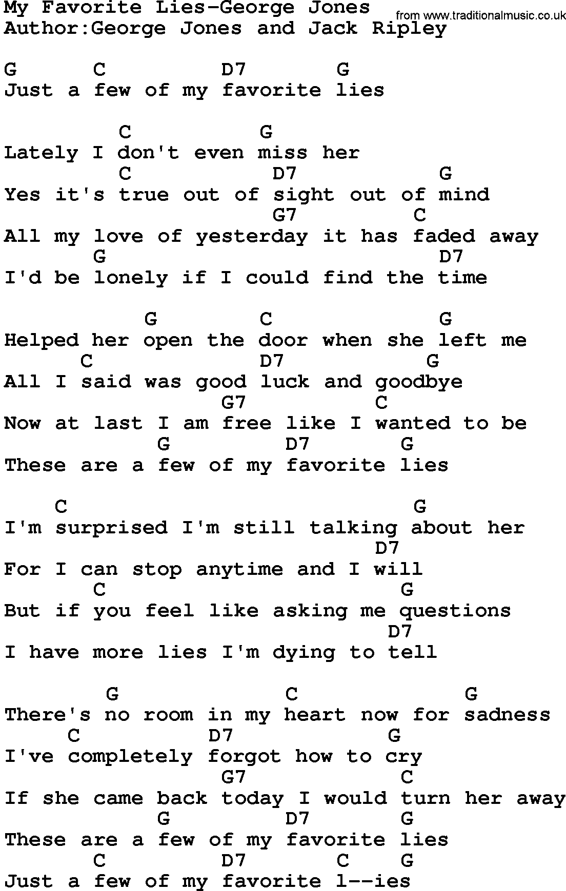 Country music song: My Favorite Lies-George Jones lyrics and chords