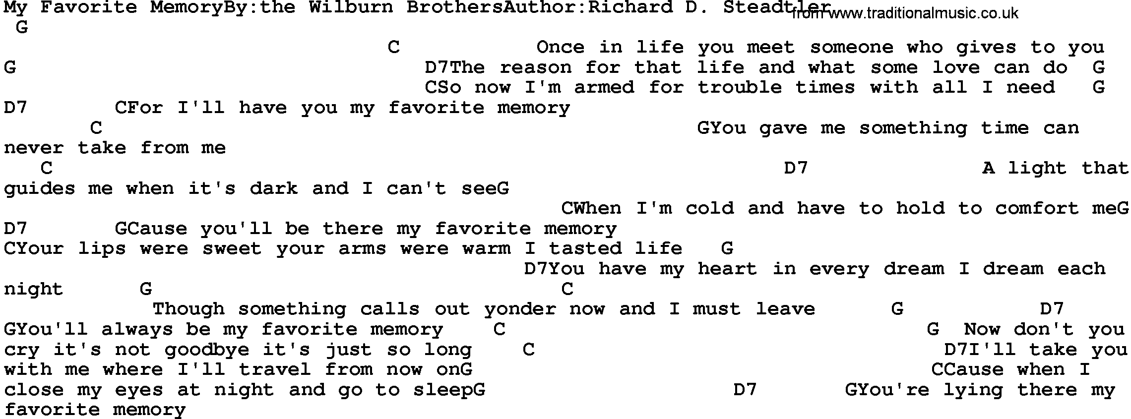 Country music song: My Favorite Memory-Wilburn Brothers lyrics and chords