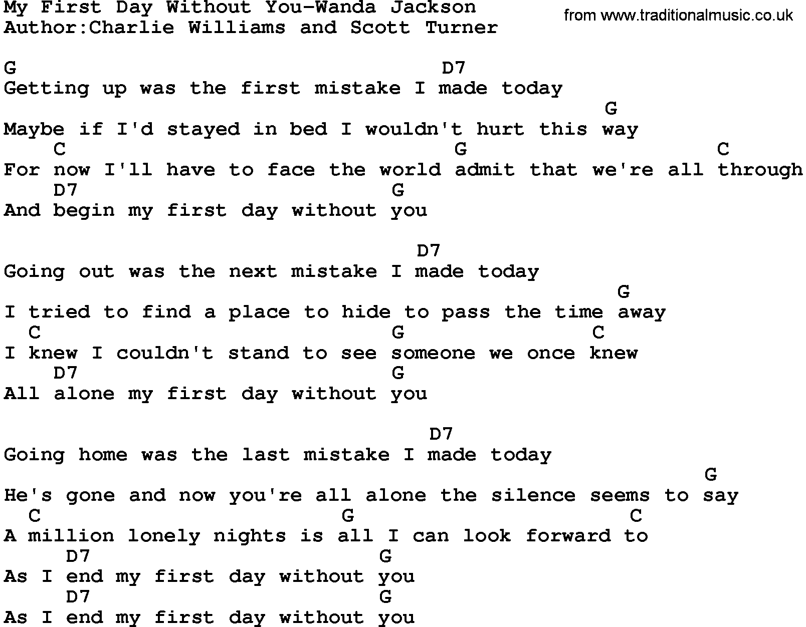 Country music song: My First Day Without You-Wanda Jackson lyrics and chords