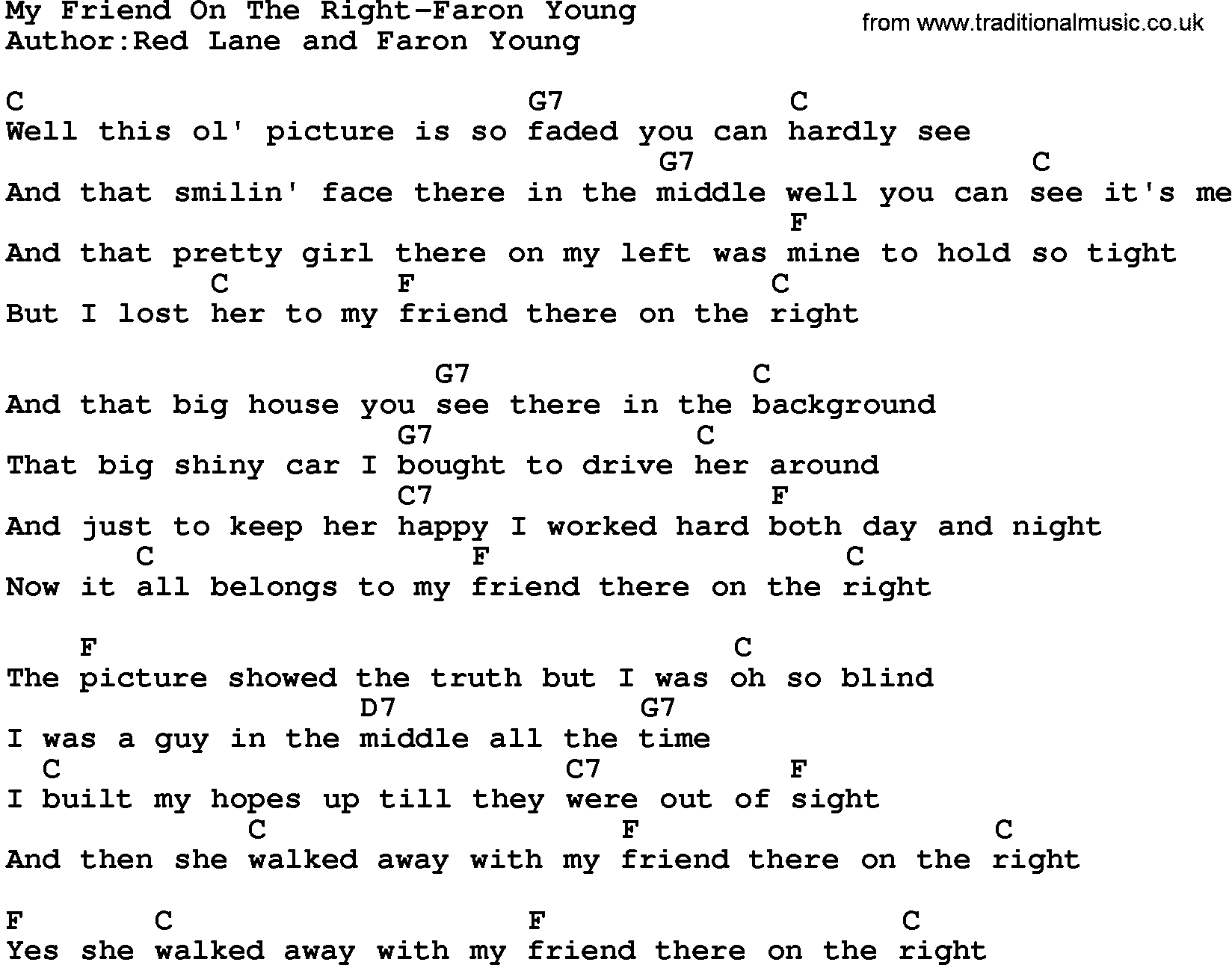 Country music song: My Friend On The Right-Faron Young lyrics and chords