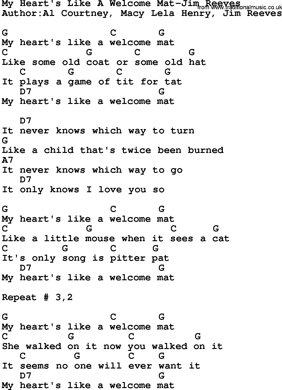 Country music song: My Heart's Like A Welcome Mat-Jim Reeves lyrics and chords