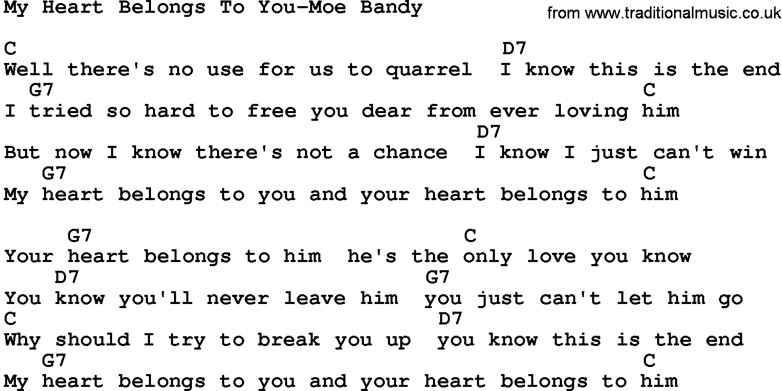 Country music song: My Heart Belongs To You-Moe Bandy lyrics and chords