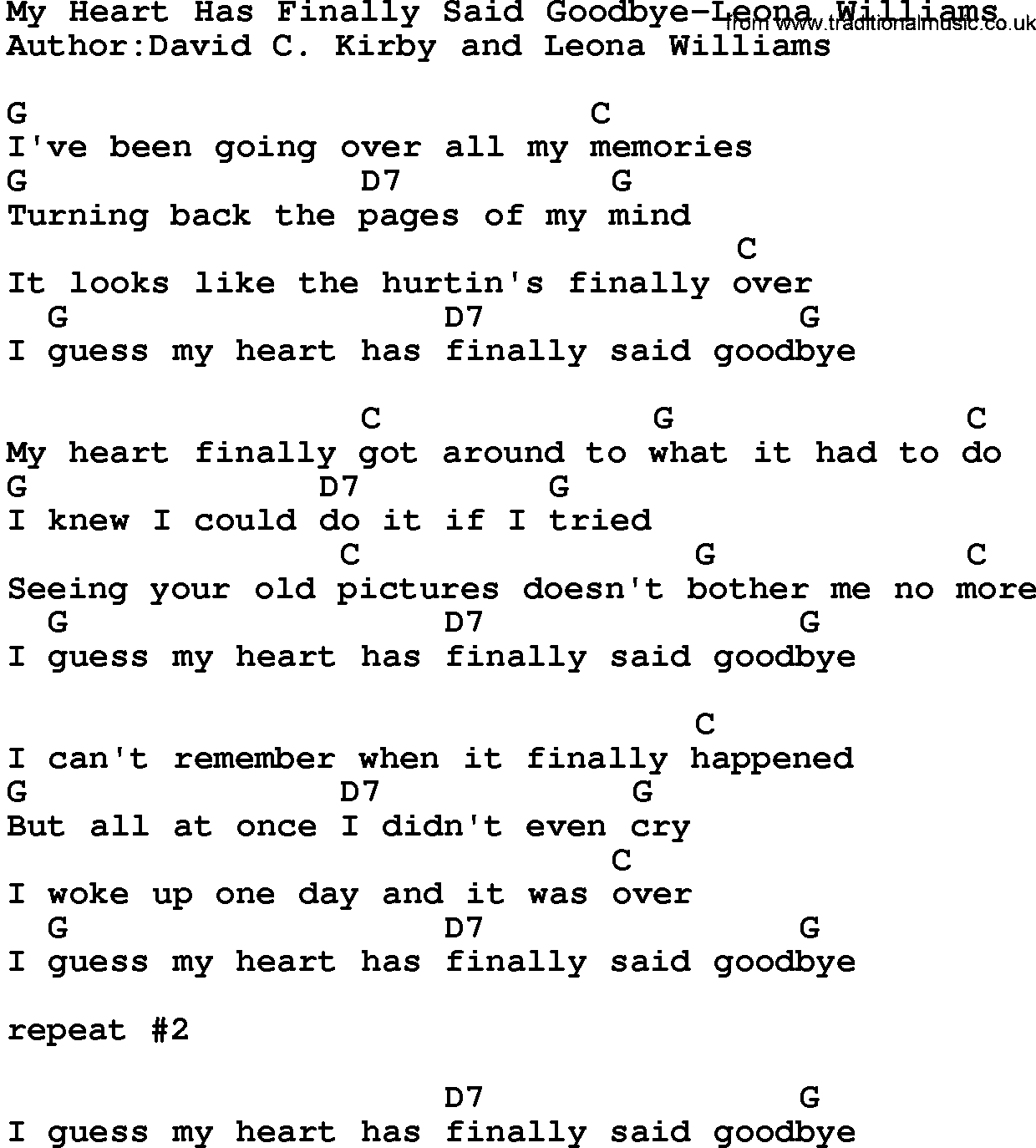 Country music song: My Heart Has Finally Said Goodbye-Leona Williams lyrics and chords