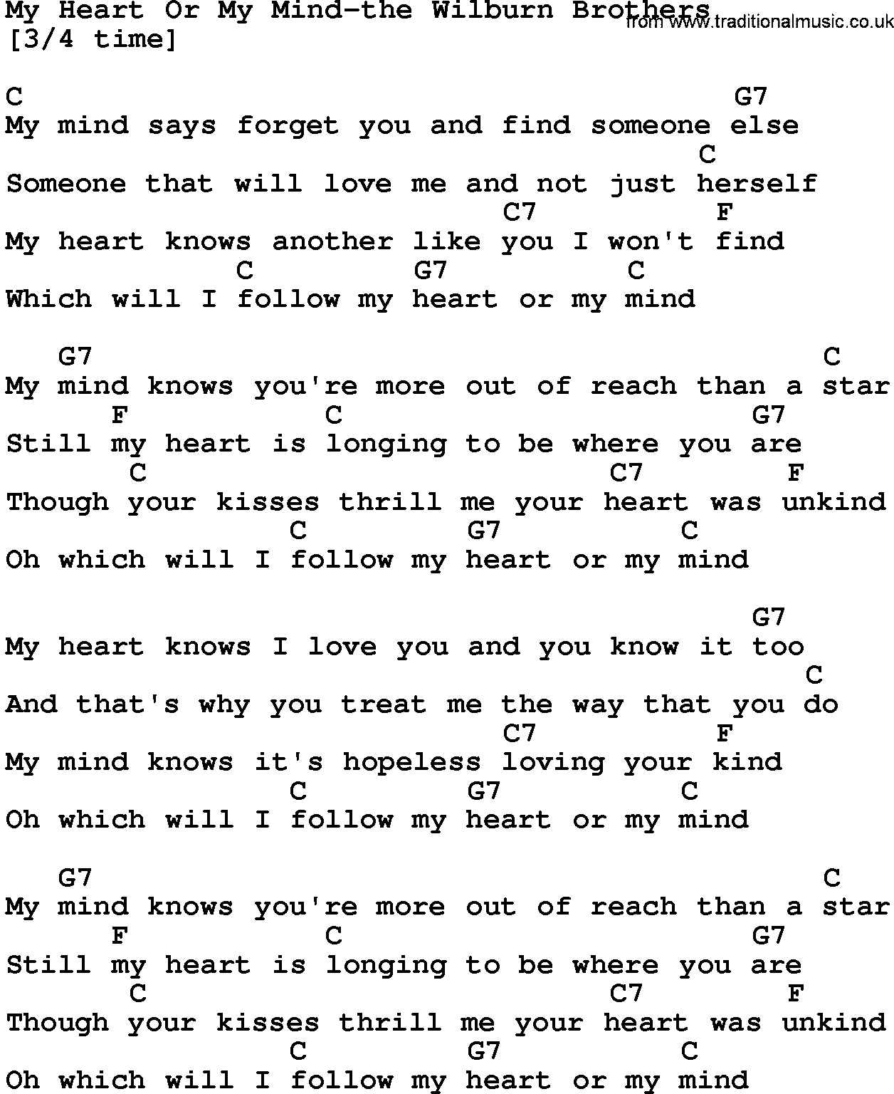 Country music song: My Heart Or My Mind-The Wilburn Brothers lyrics and chords