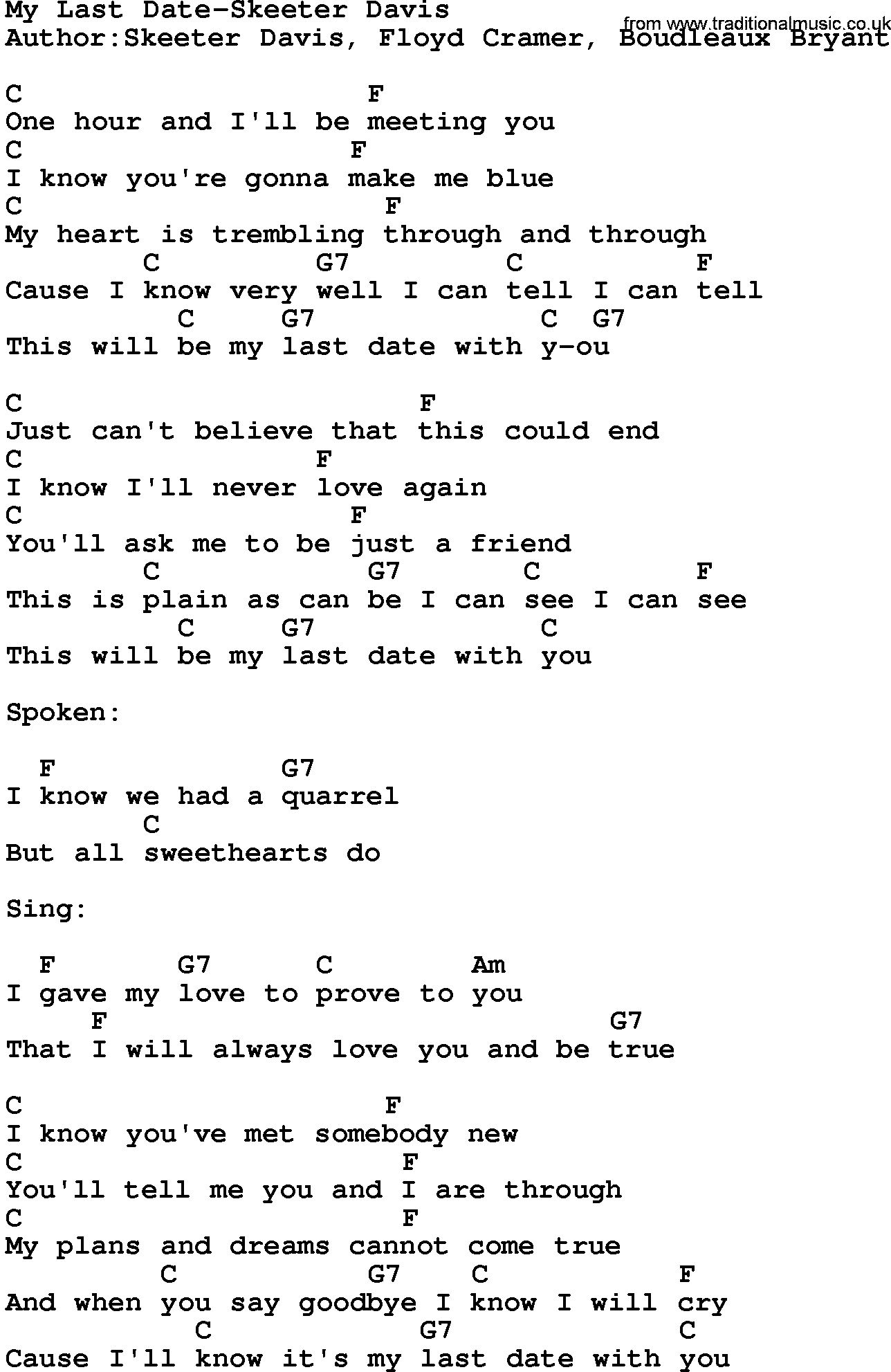 Country music song: My Last Date-Skeeter Davis lyrics and chords