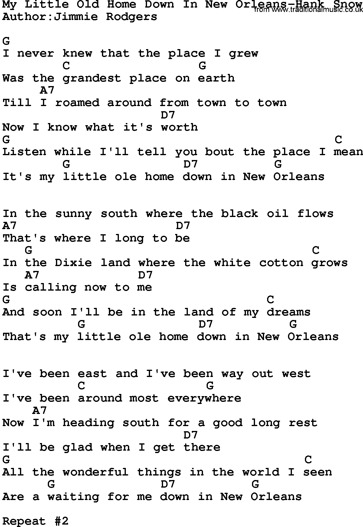 Country music song: My Little Old Home Down In New Orleans-Hank Snow lyrics and chords