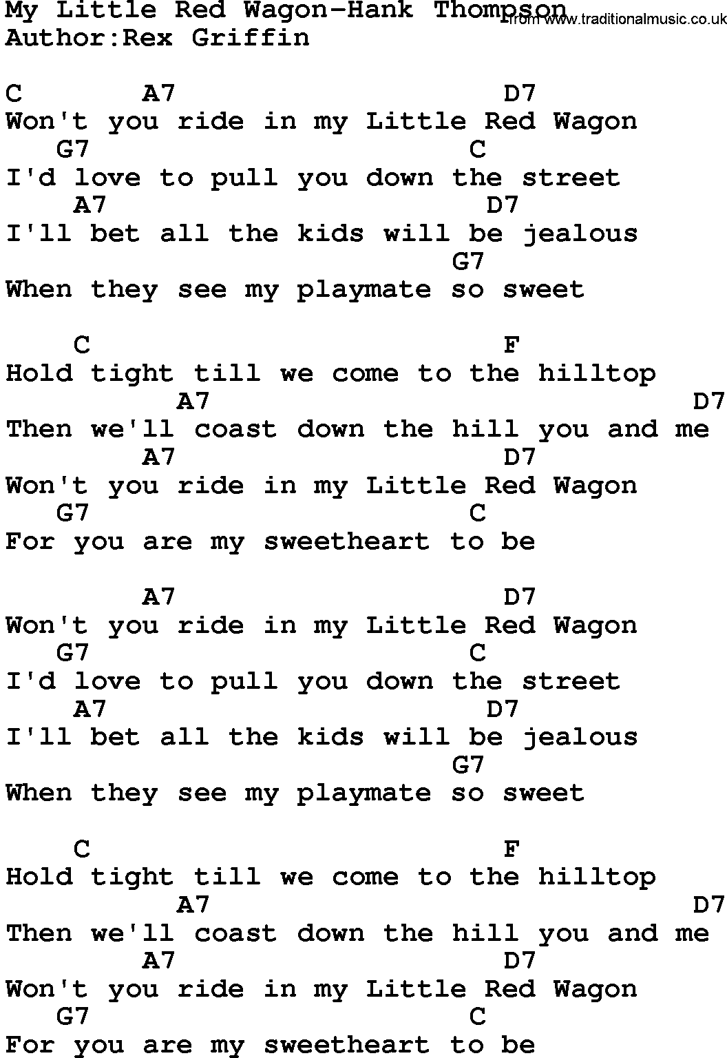 Country music song: My Little Red Wagon-Hank Thompson lyrics and chords