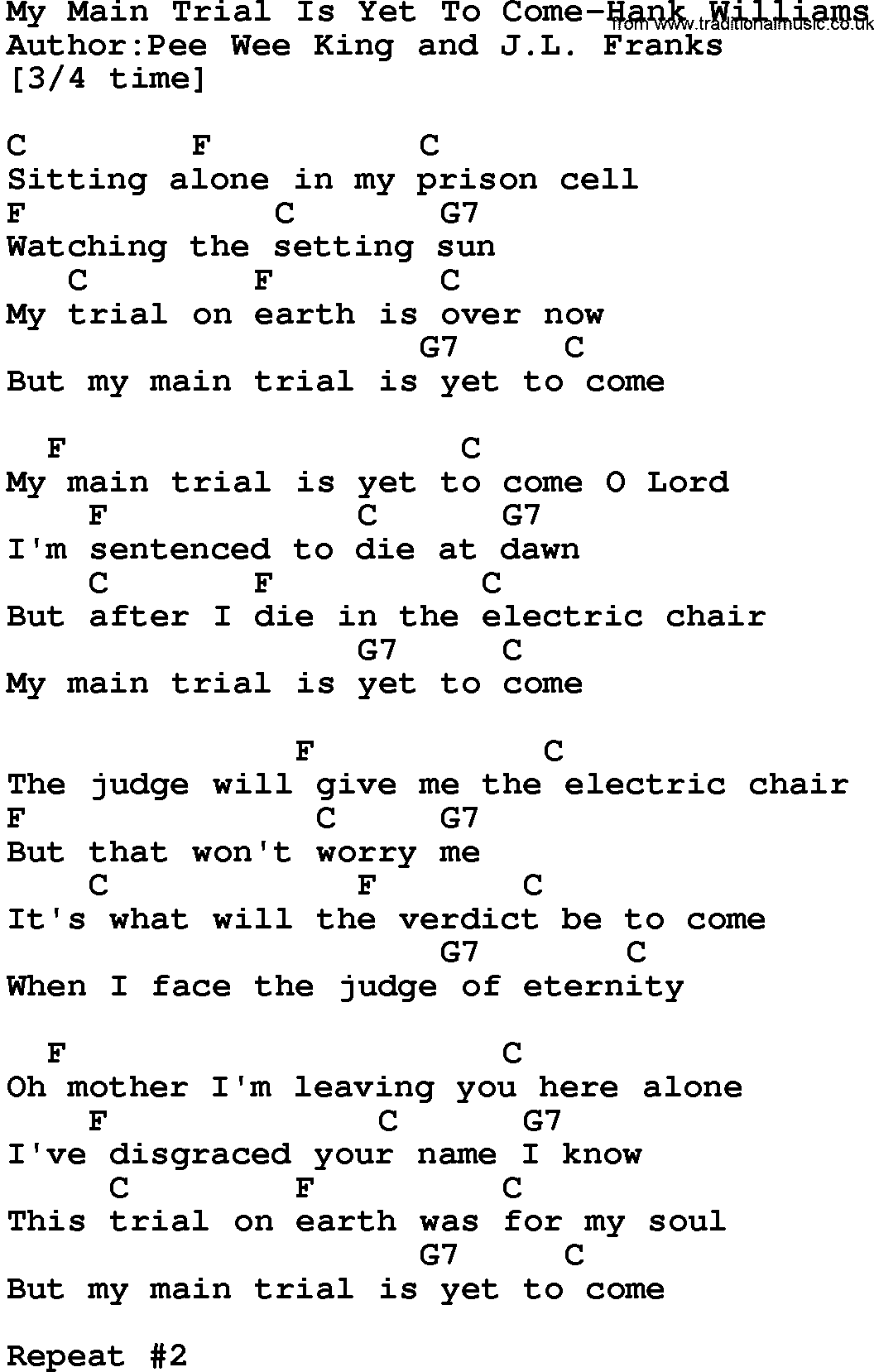 Country music song: My Main Trial Is Yet To Come-Hank Williams lyrics and chords