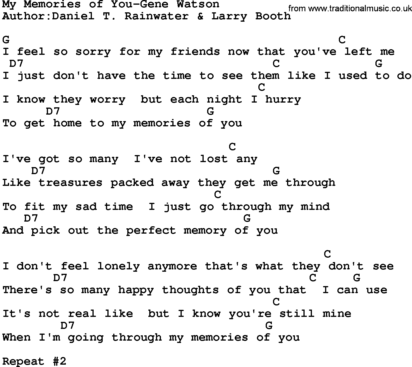 Country music song: My Memories Of You-Gene Watson lyrics and chords