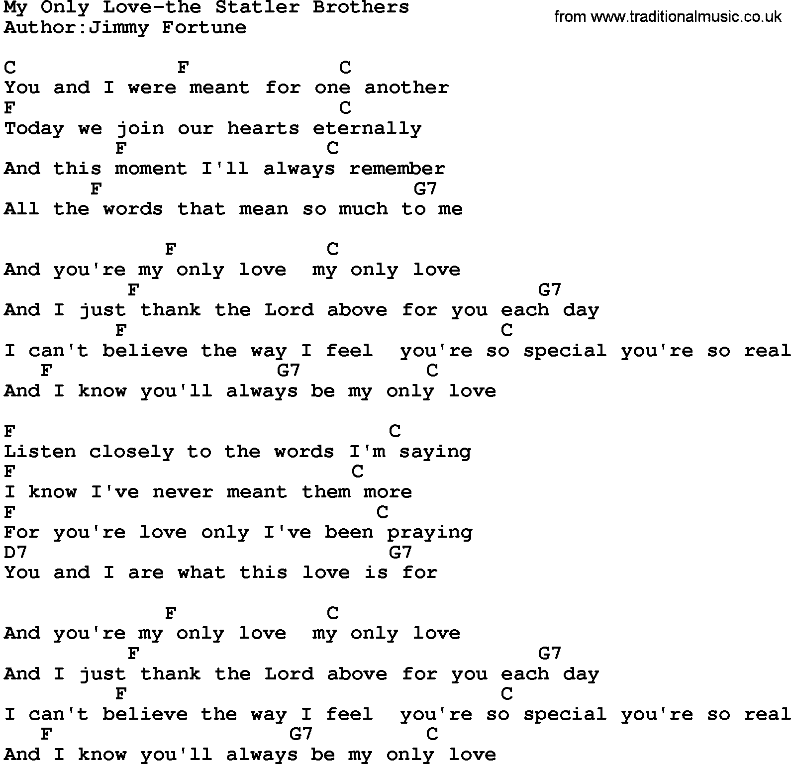 Country music song: My Only Love-The Statler Brothers lyrics and chords