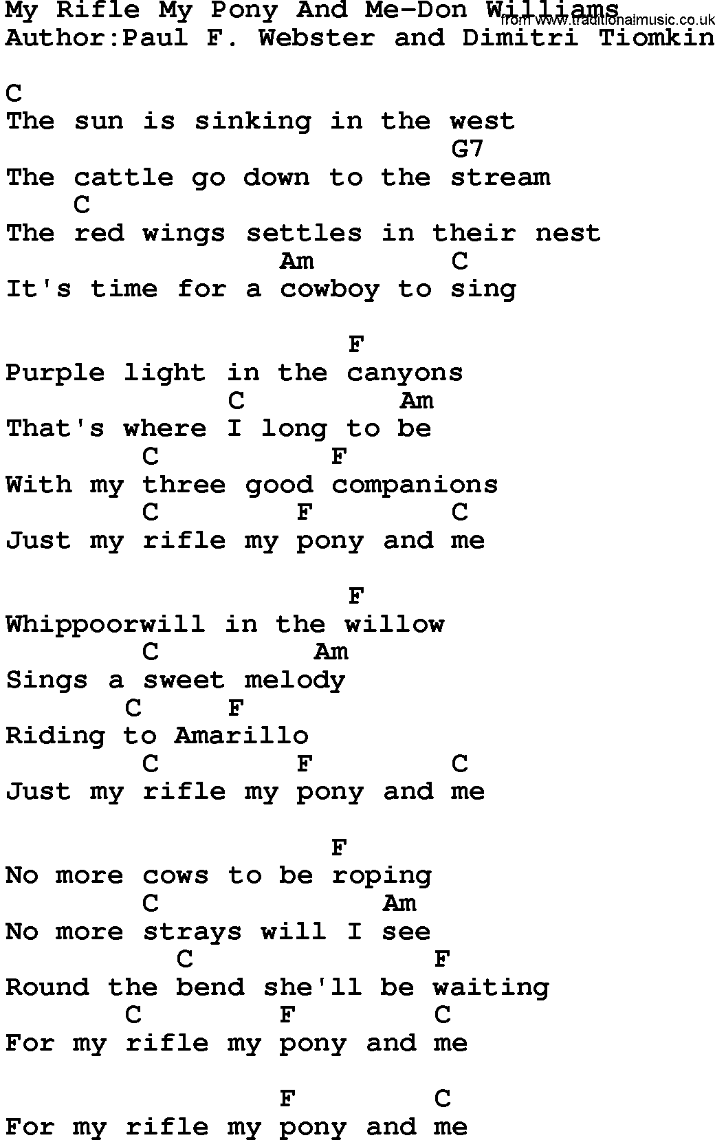 Country music song: My Rifle My Pony And Me-Don Williams lyrics and chords