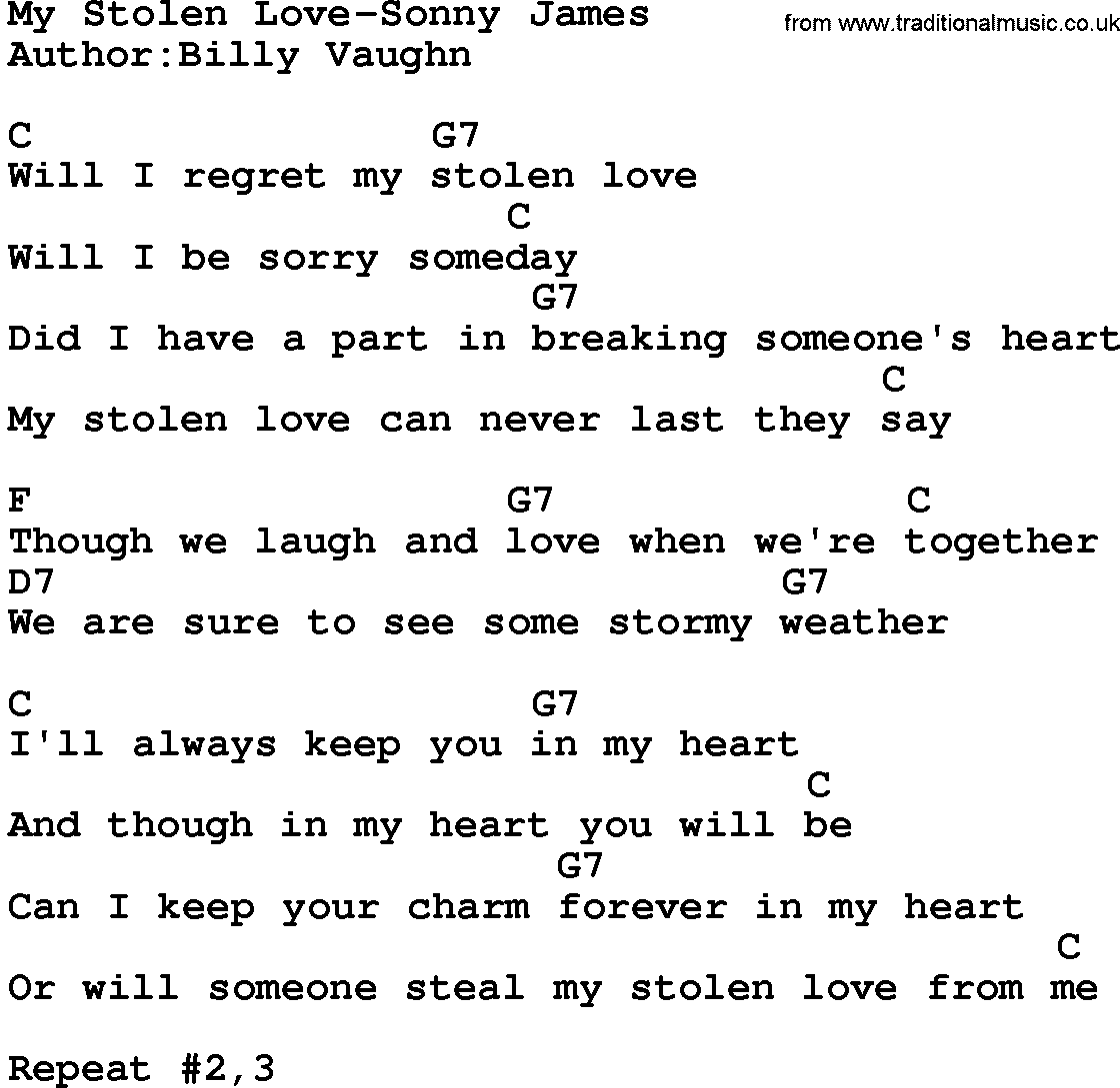 Country music song: My Stolen Love-Sonny James lyrics and chords