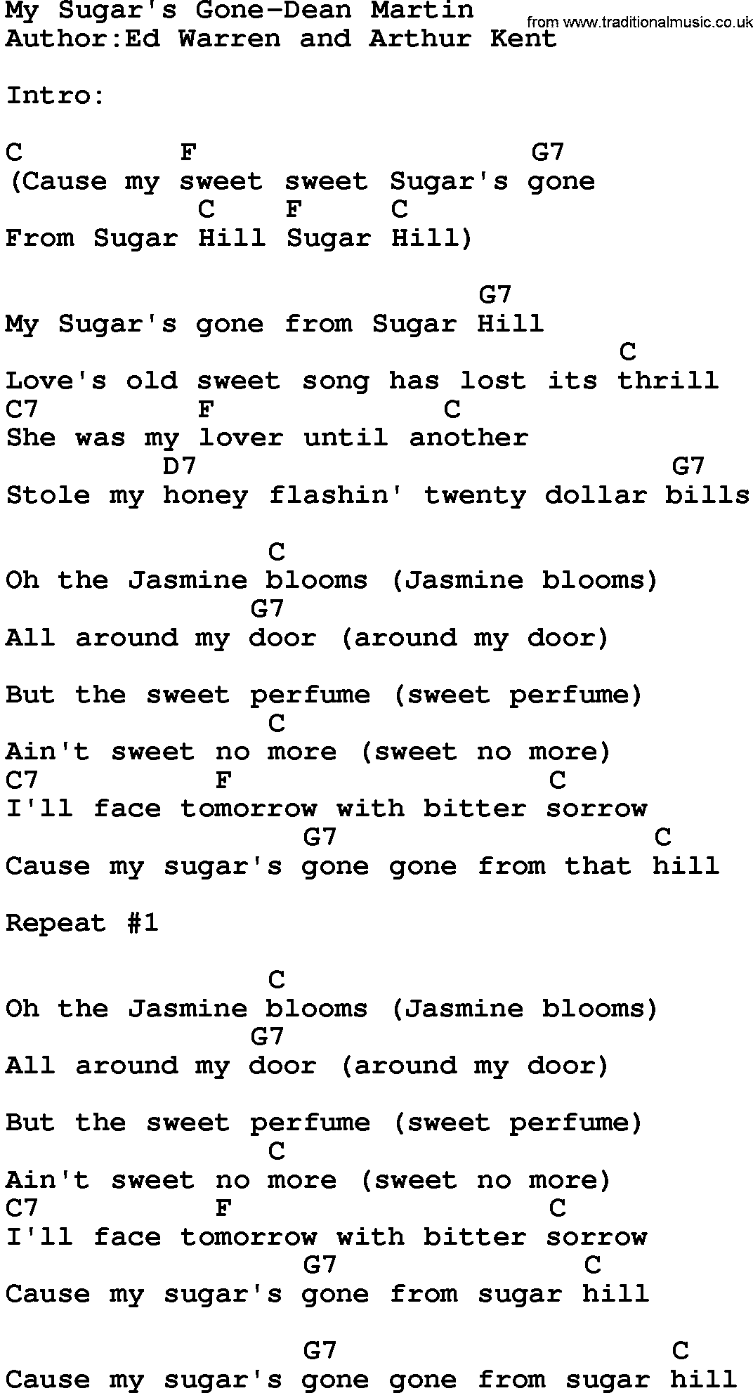 Country music song: My Sugar's Gone-Dean Martin lyrics and chords
