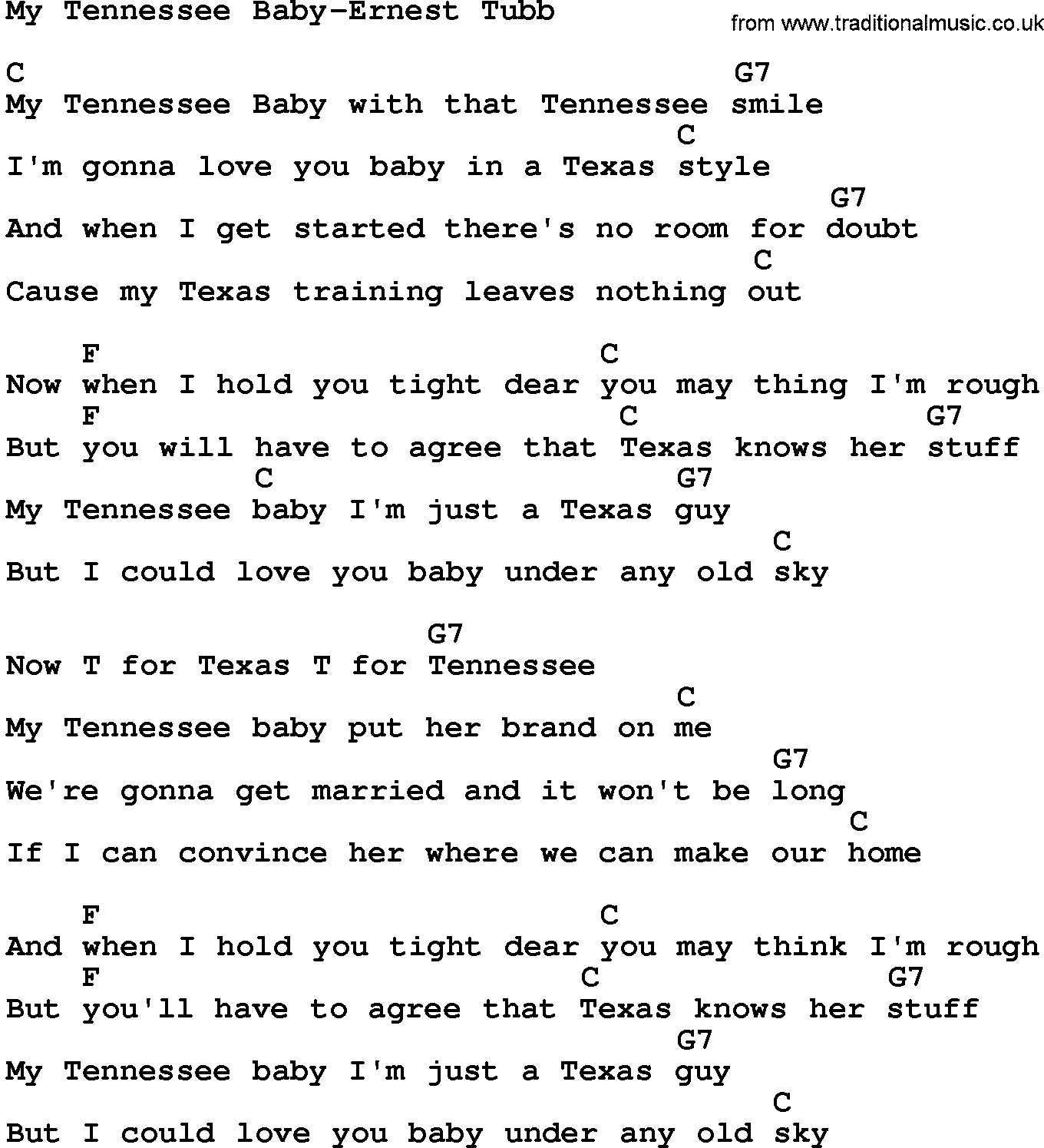 Country music song: My Tennessee Baby-Ernest Tubb lyrics and chords