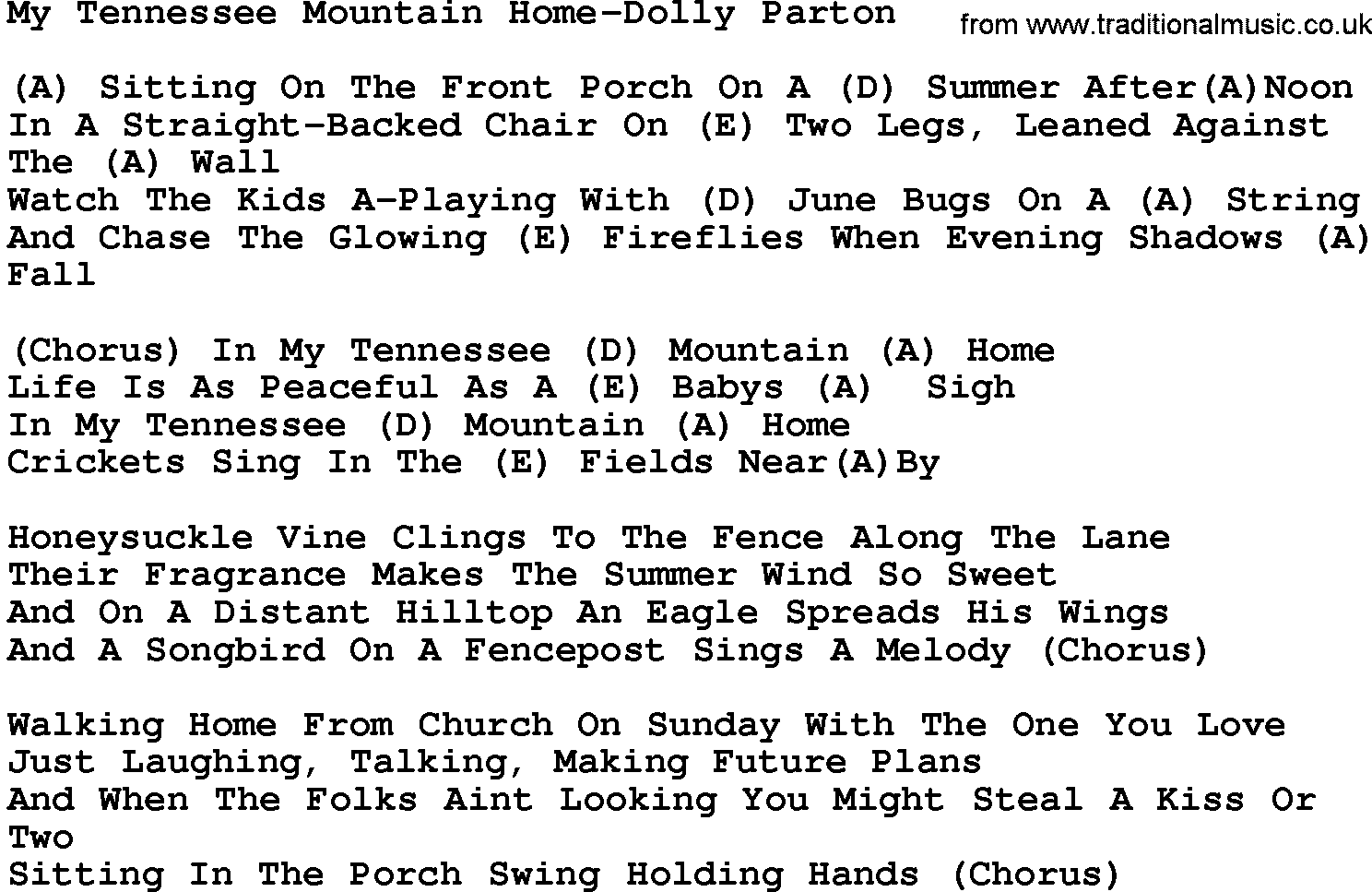 Country music song: My Tennessee Mountain Home-Dolly Parton lyrics and chords