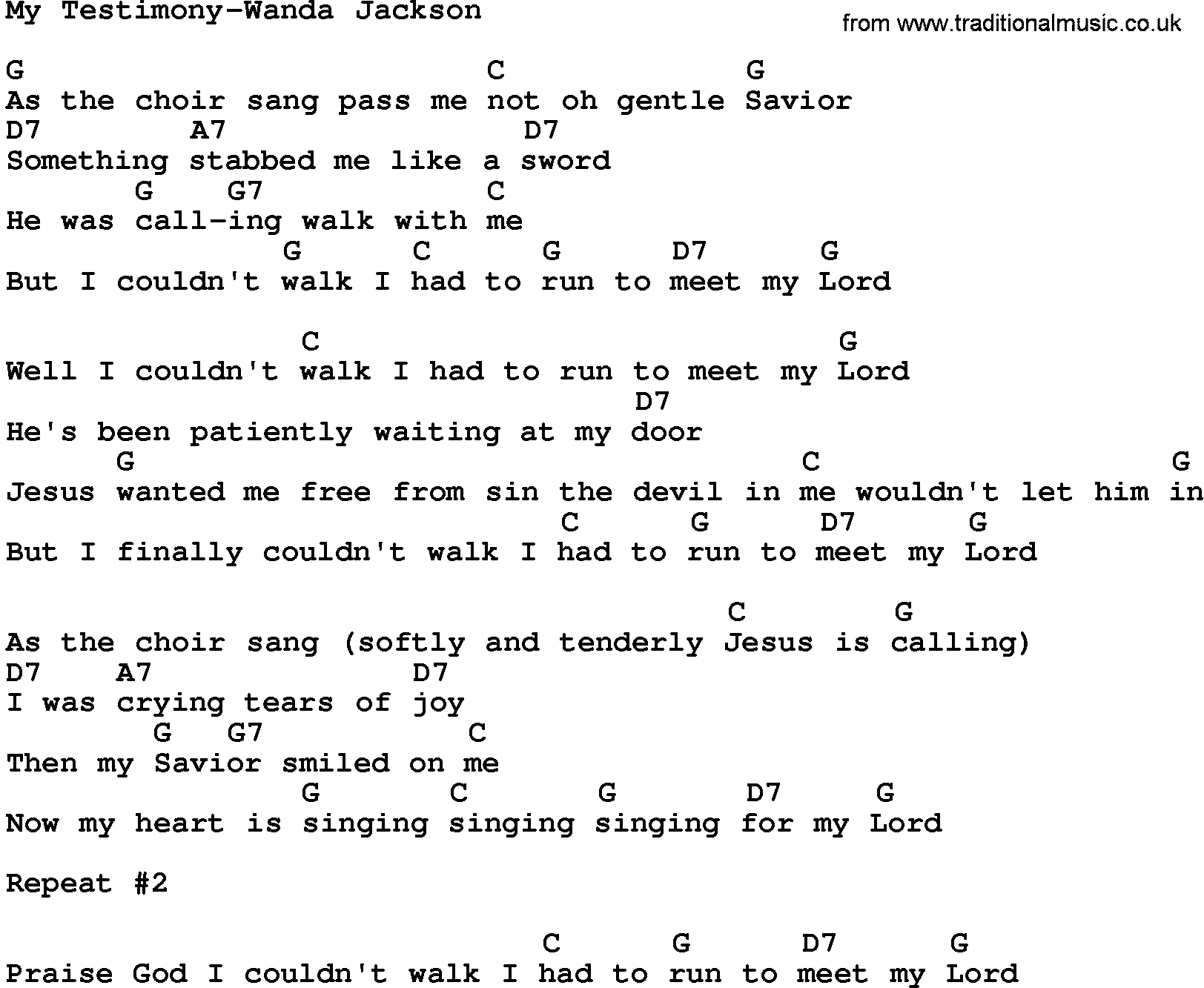 Country music song: My Testimony-Wanda Jackson lyrics and chords