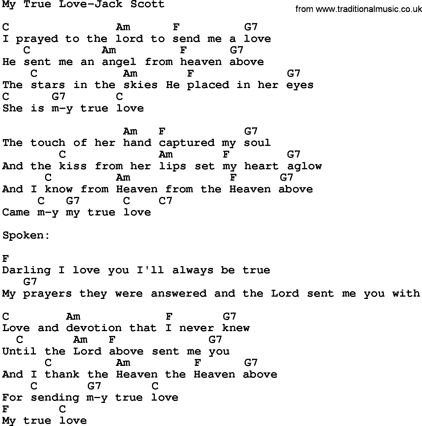 Country music song: My True Love-Jack Scott lyrics and chords