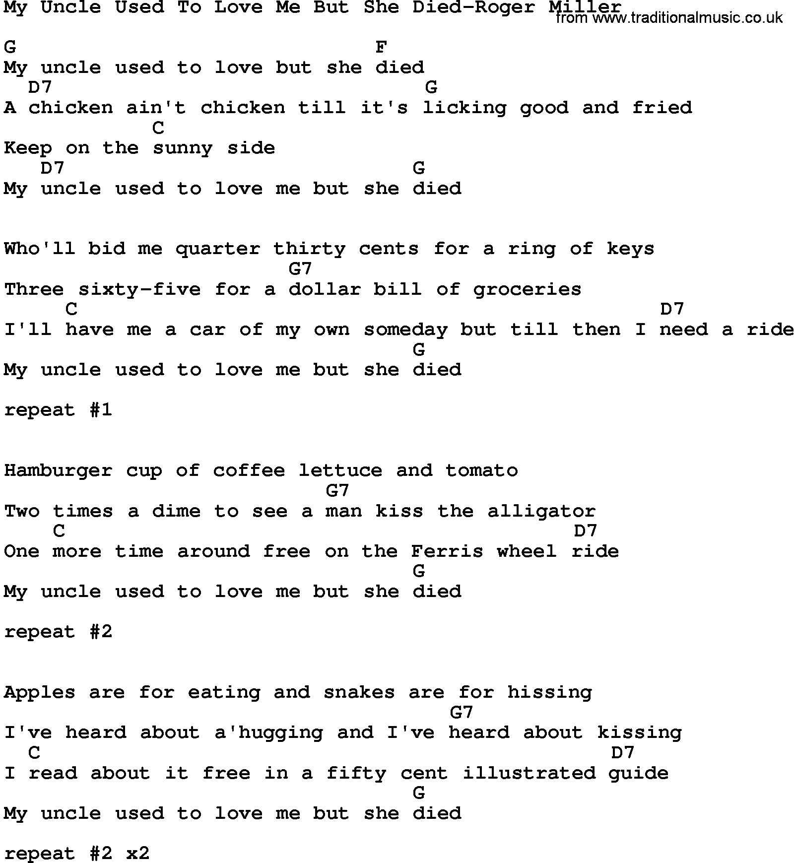 Country music song: My Uncle Used To Love Me But She Died-Roger Miller lyrics and chords
