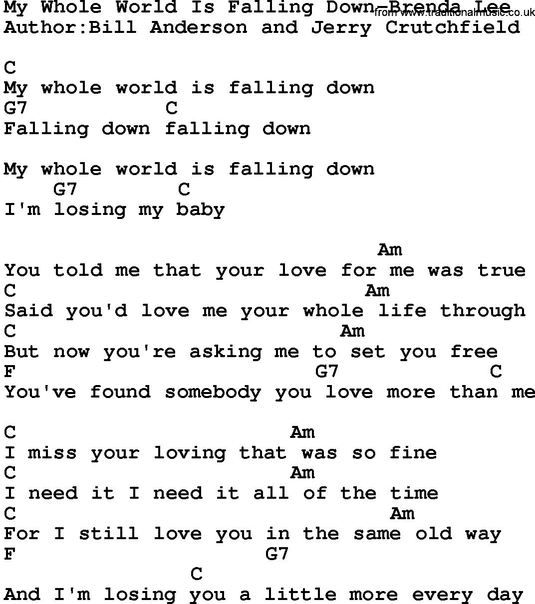 Country music song: My Whole World Is Falling Down-Brenda Lee lyrics and chords