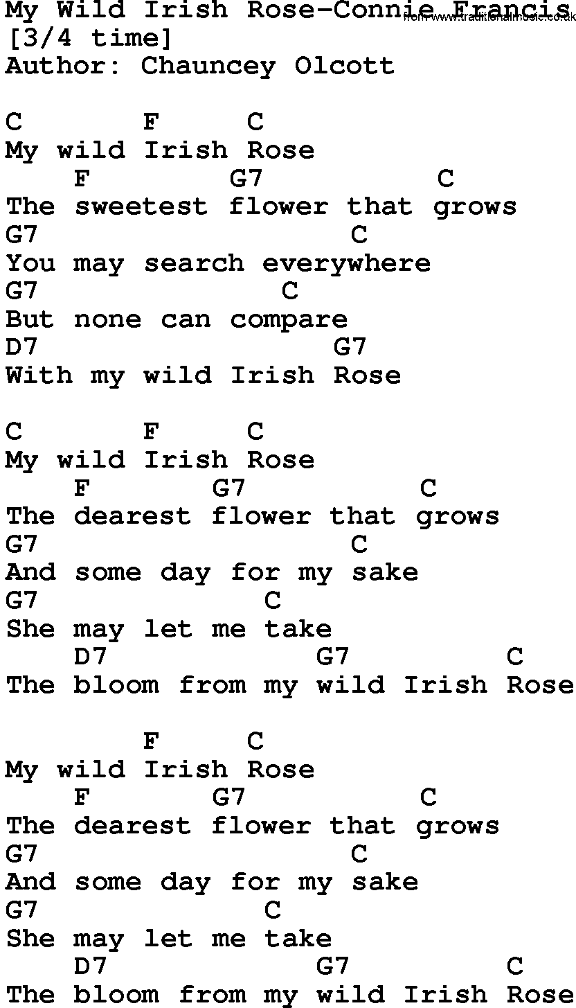 Country music song: My Wild Irish Rose-Connie Francis lyrics and chords