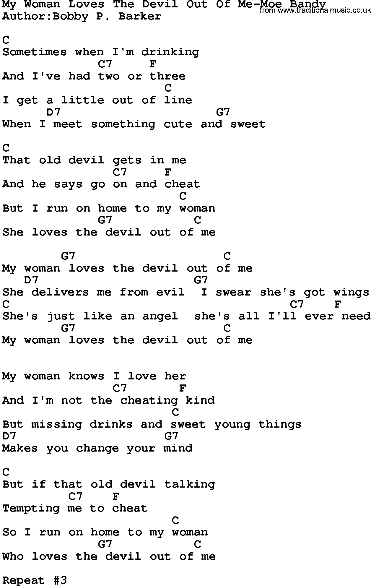Country music song: My Woman Loves The Devil Out Of Me-Moe Bandy lyrics and chords