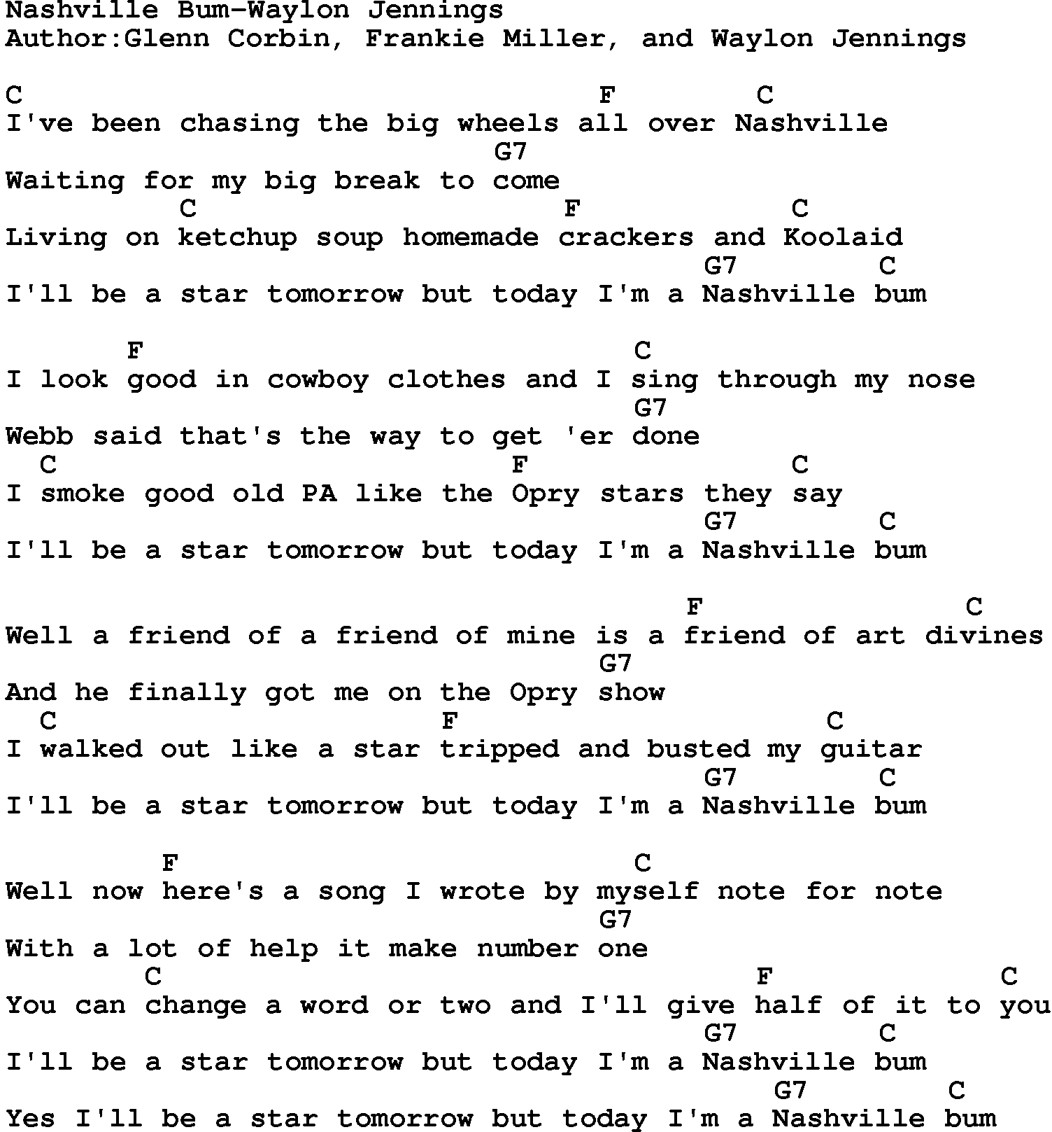Country music song: Nashville Bum-Waylon Jennings lyrics and chords