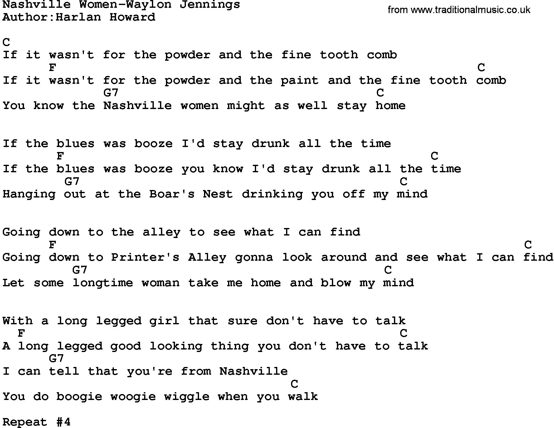 Country music song: Nashville Women-Waylon Jennings lyrics and chords