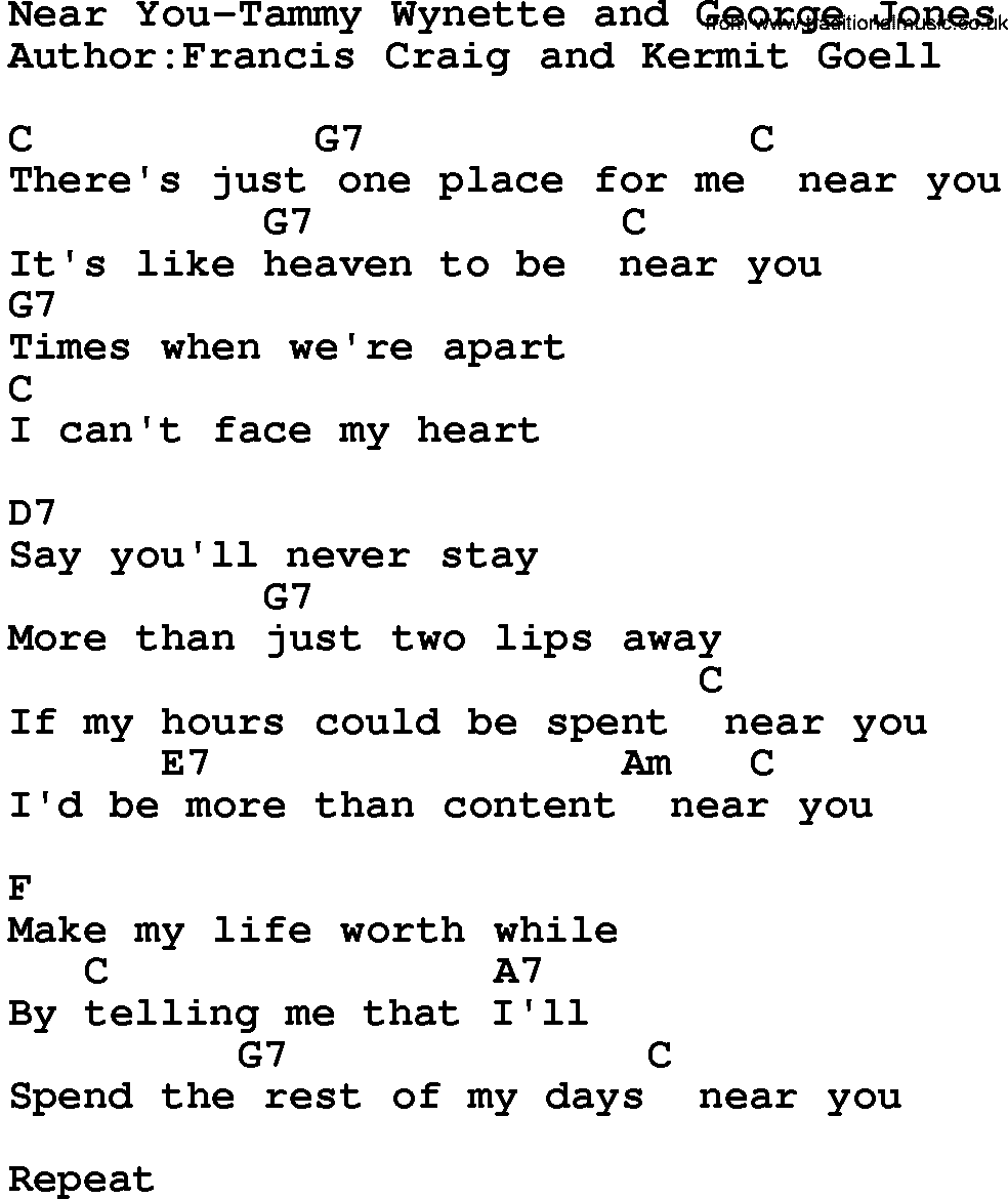 Country music song: Near You-Tammy Wynette And George Jones lyrics and chords