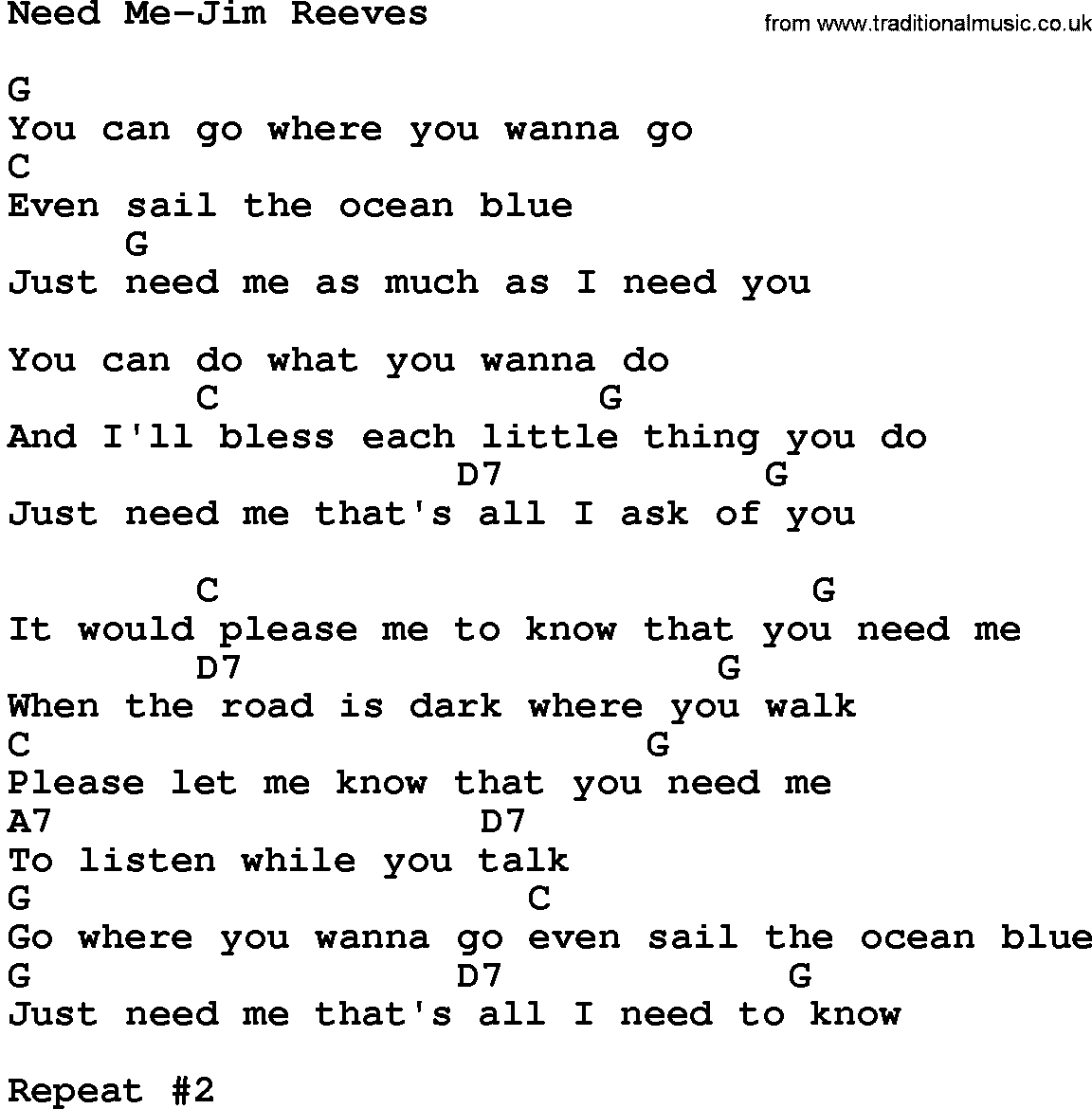 Country music song: Need Me-Jim Reeves lyrics and chords