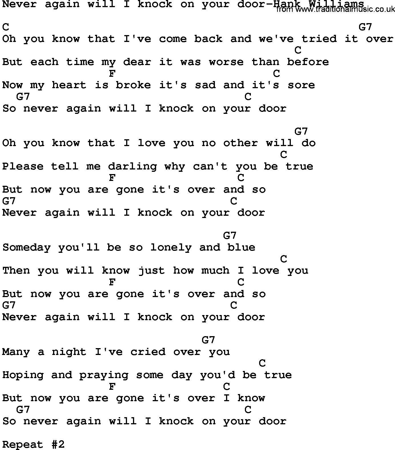 Country music song: Never Again Will I Knock On Your Door-Hank Williams  lyrics and chords