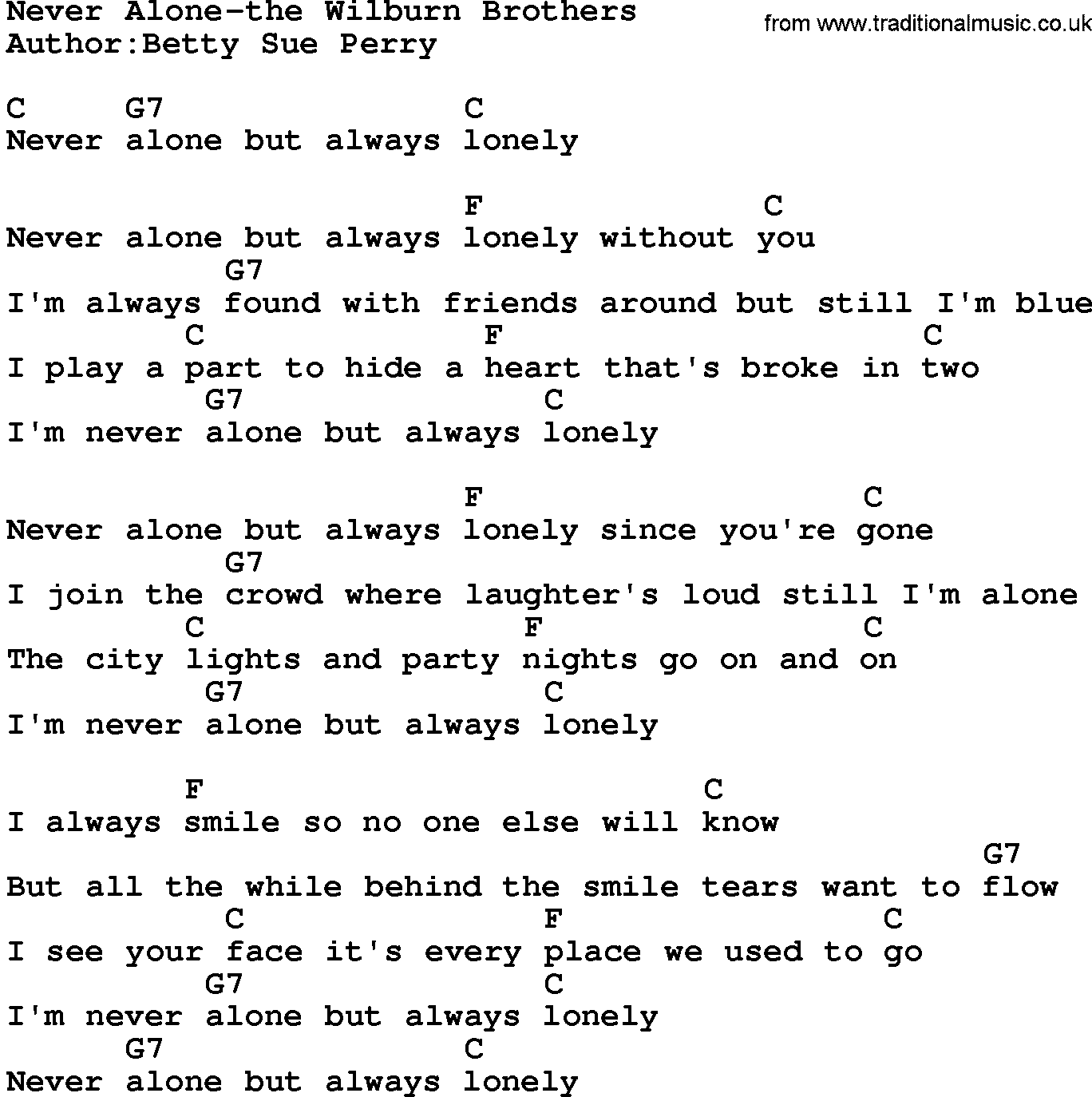Country music song: Never Alone-The Wilburn Brothers lyrics and chords