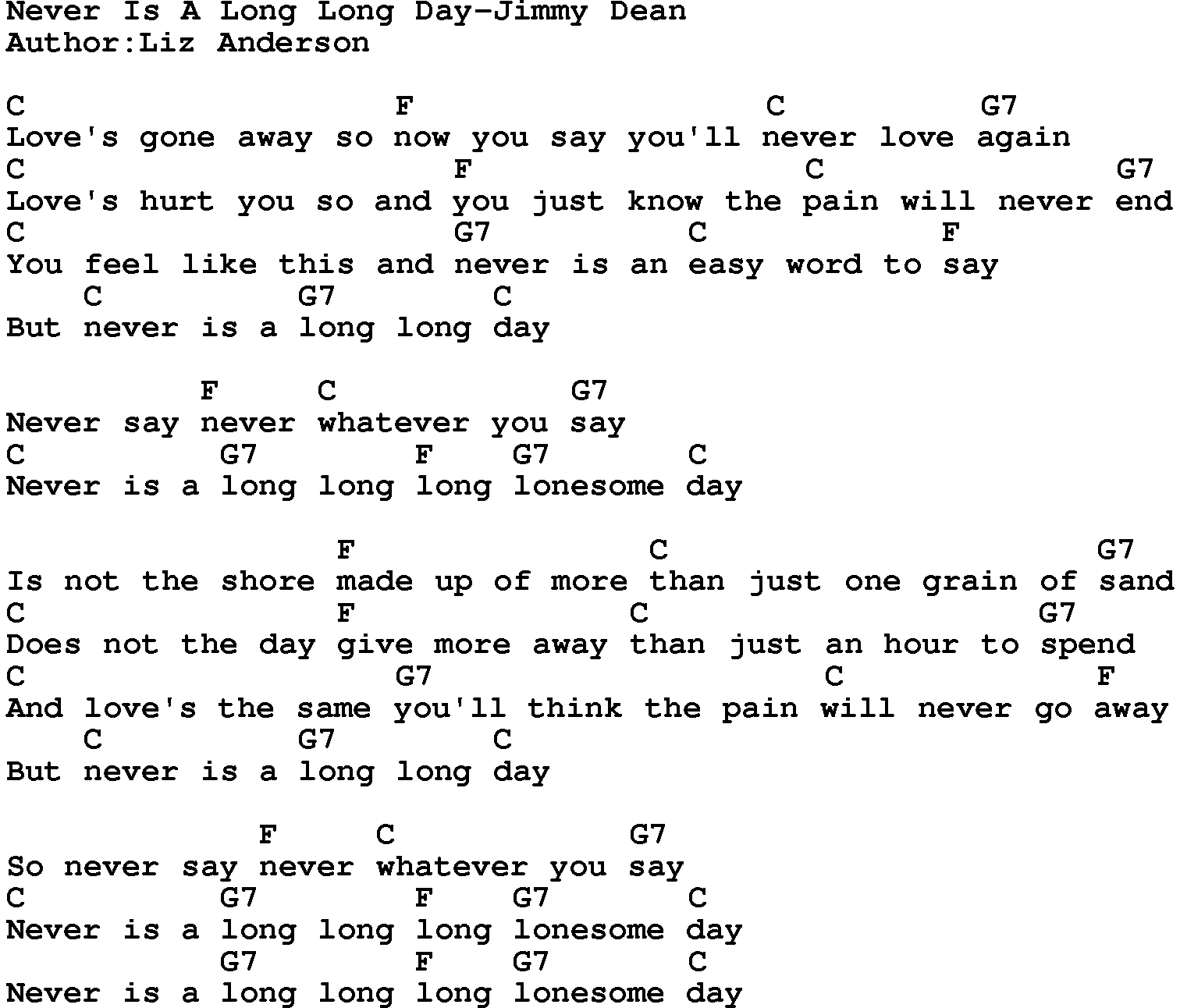 Country music song: Never Is A Long Long Day-Jimmy Dean lyrics and chords