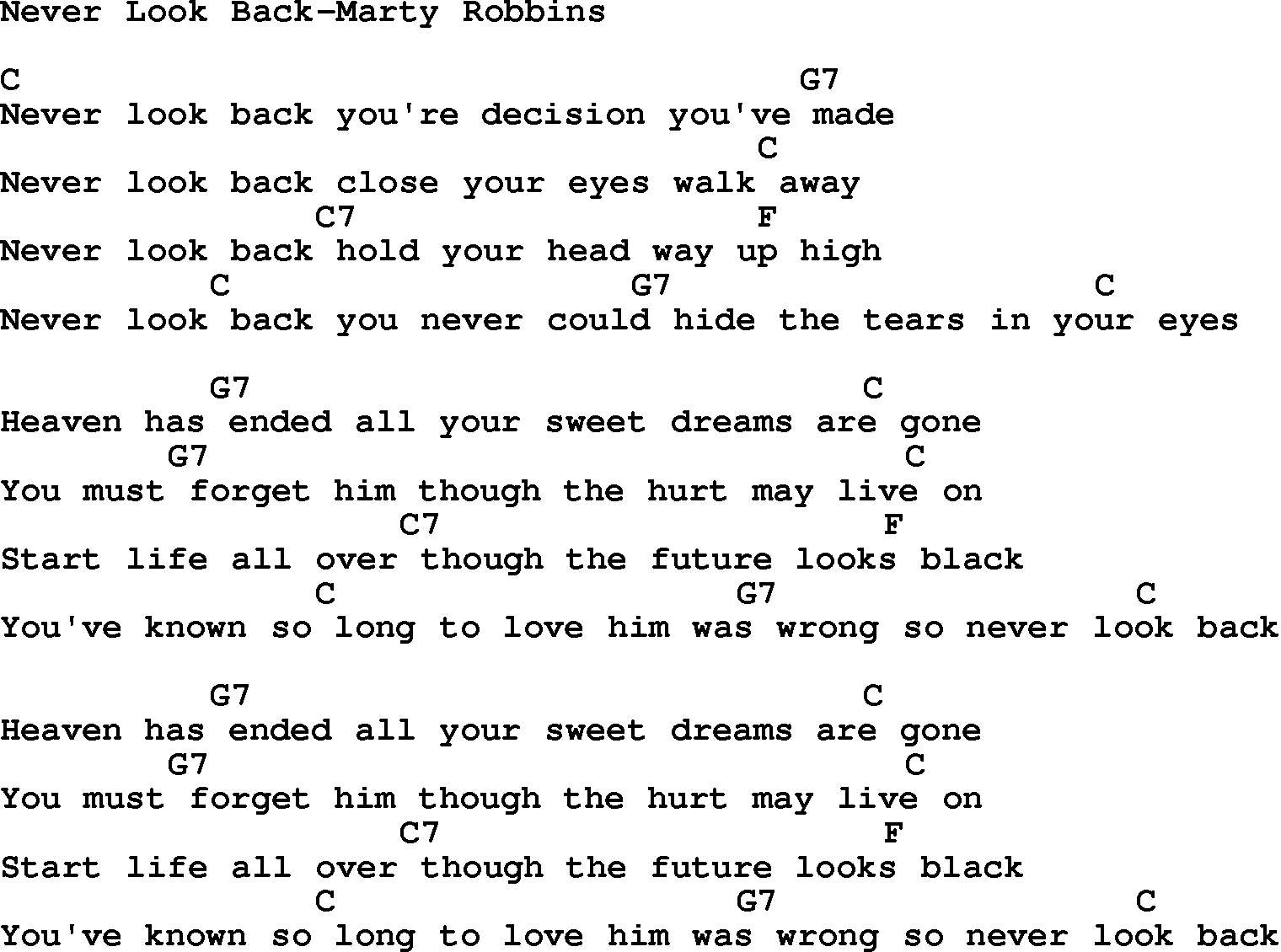 Country music song: Never Look Back-Marty Robbins lyrics and chords