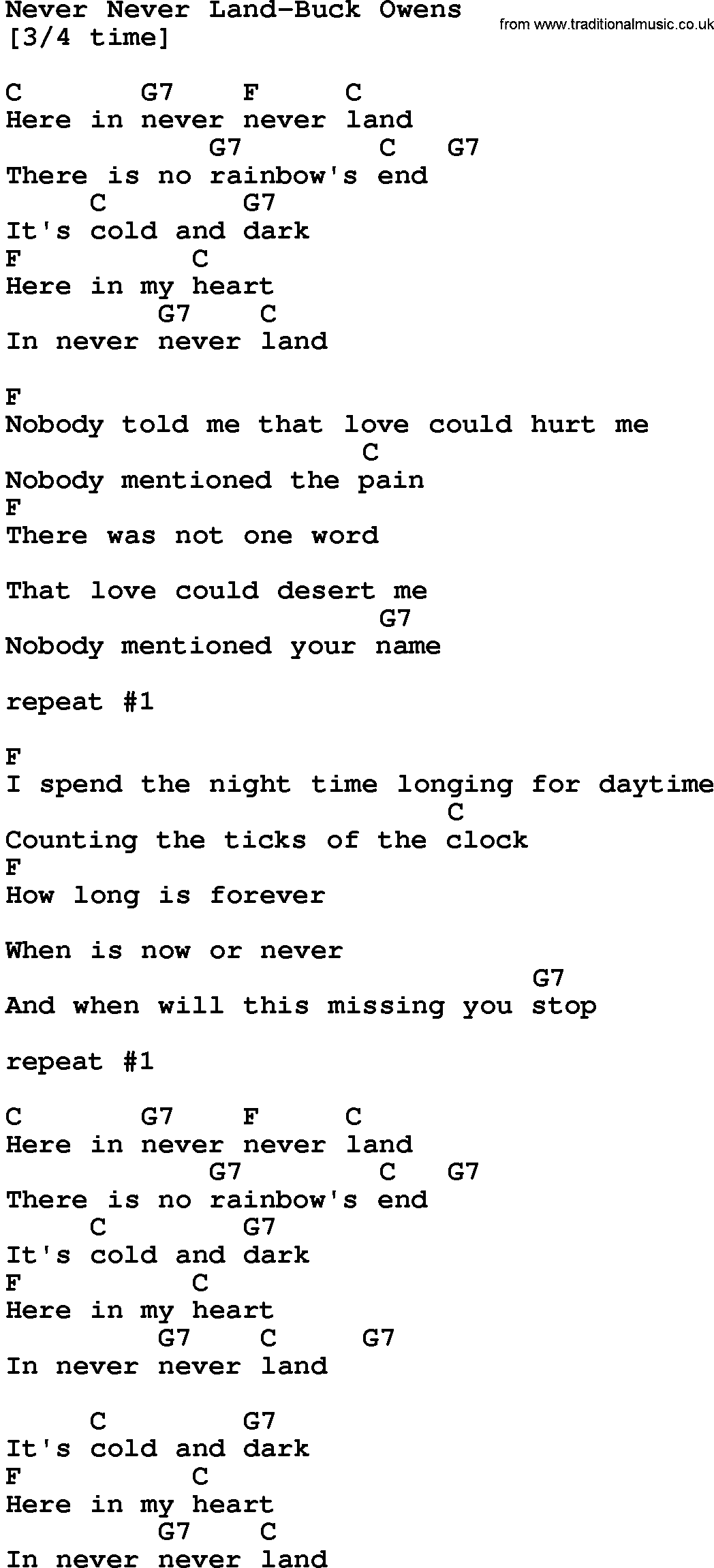 Country music song: Never Never Land-Buck Owens lyrics and chords