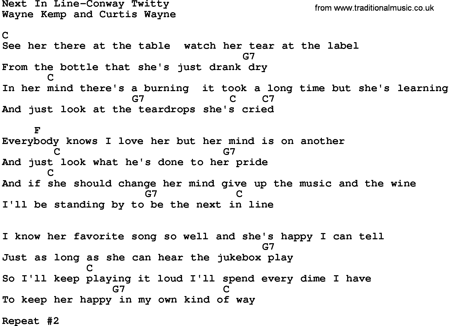 Country music song: Next In Line-Conway Twitty lyrics and chords