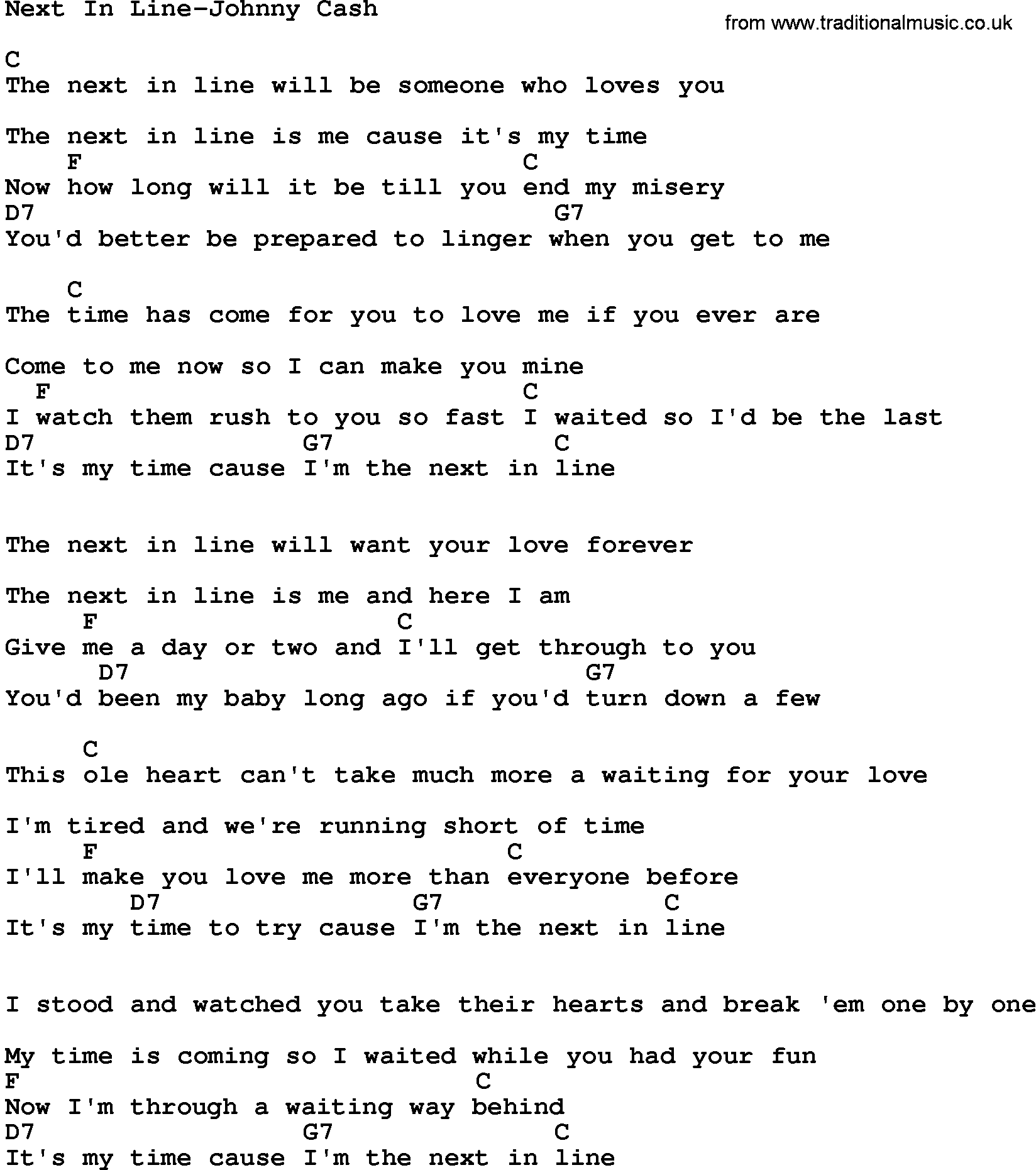 Country music song: Next In Line-Johnny Cash lyrics and chords