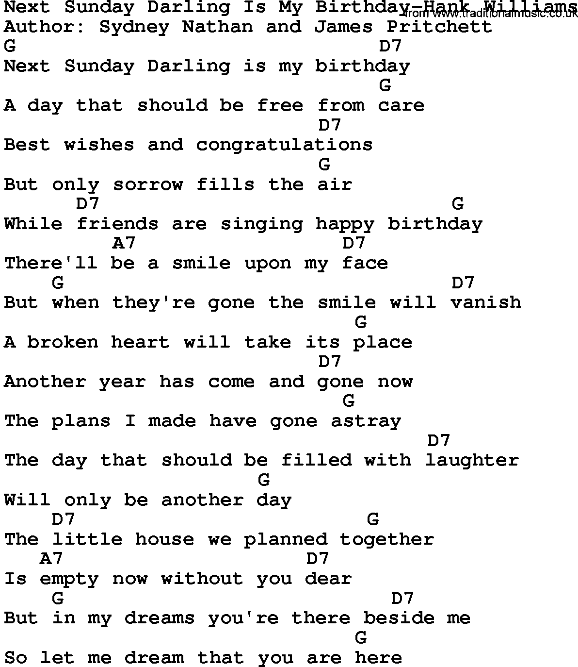 Country music song: Next Sunday Darling Is My Birthday-Hank Williams lyrics and chords