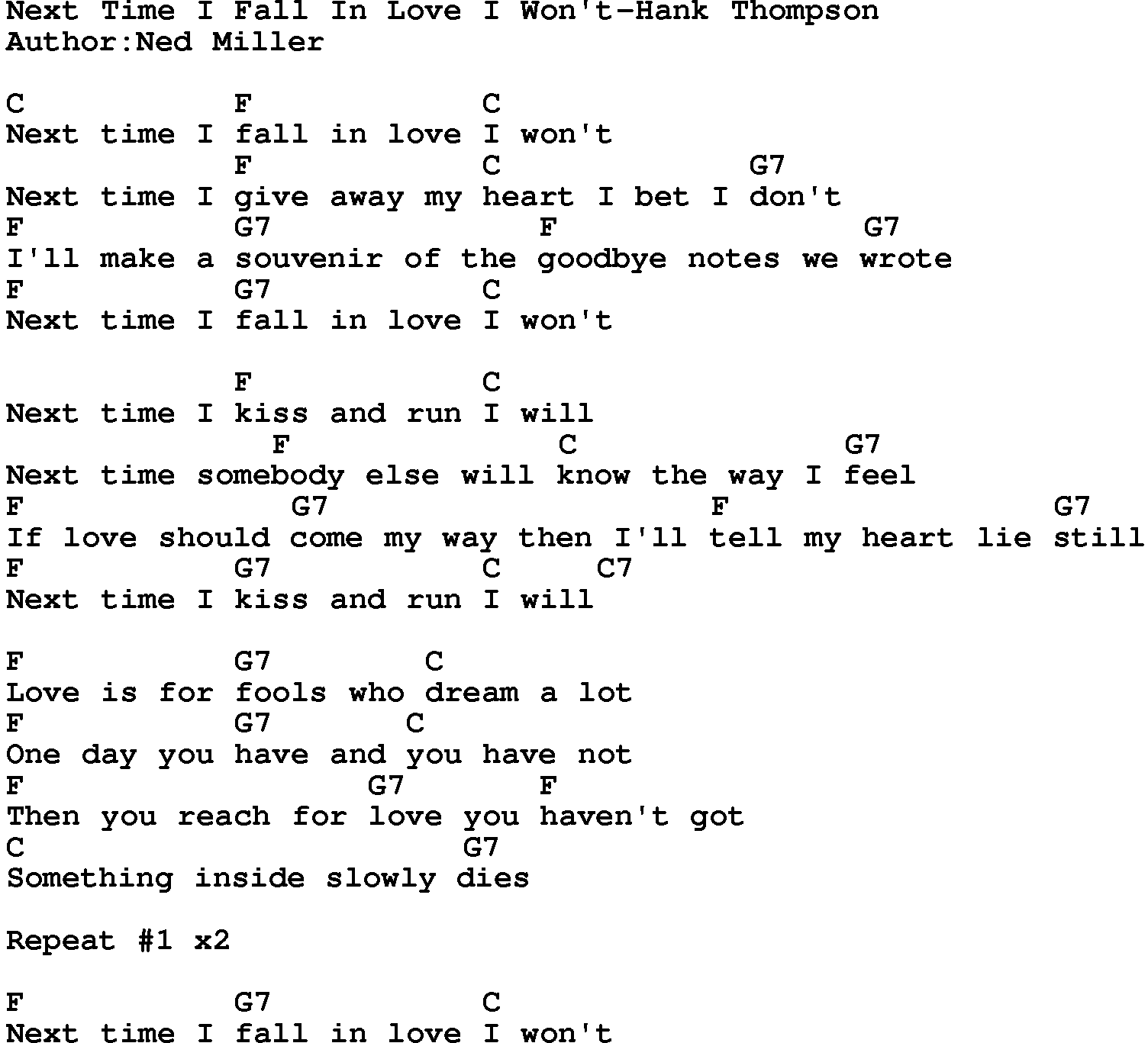 Country music song: Next Time I Fall In Love I Won't-Hank Thompson lyrics and chords