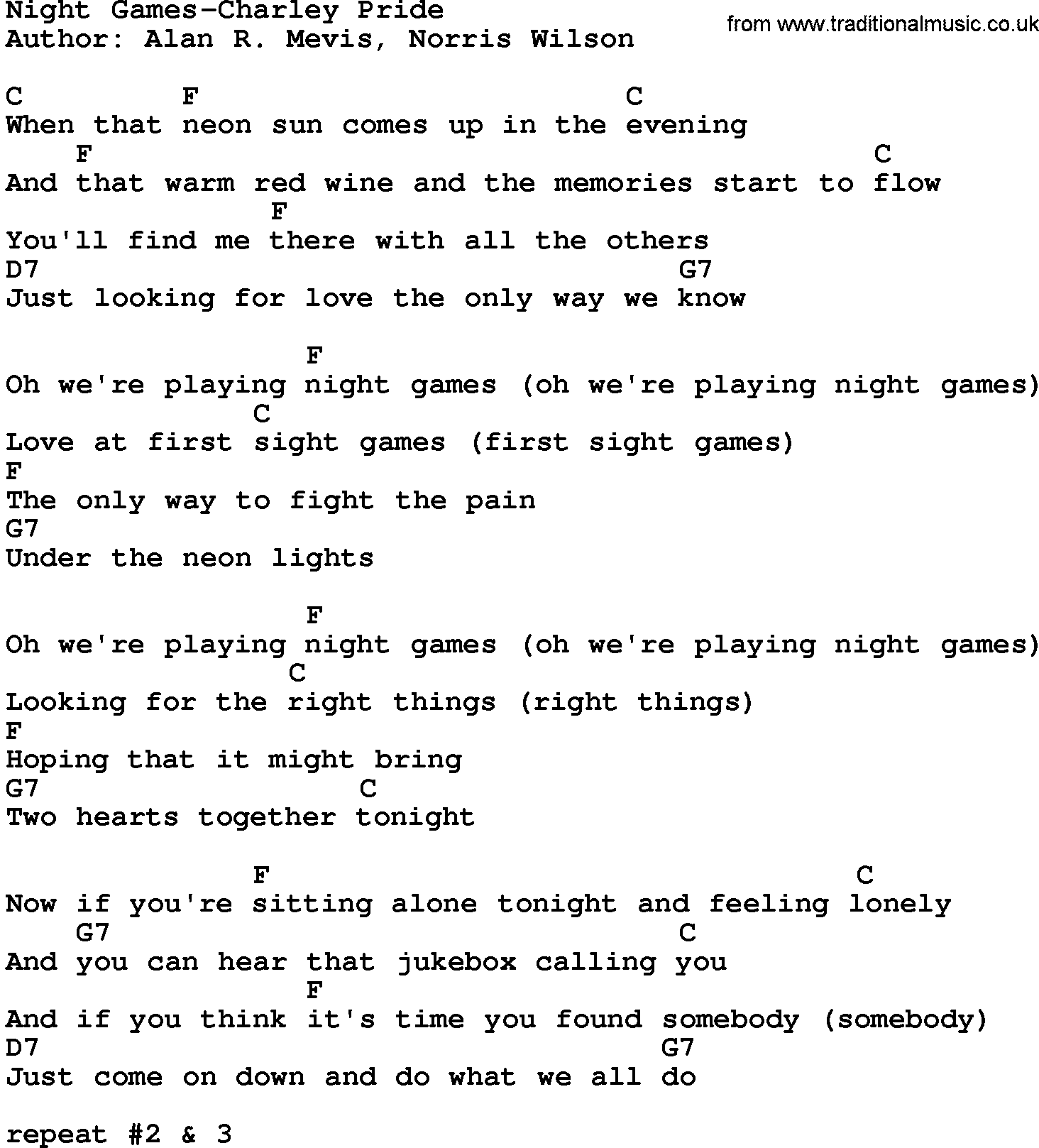 Country music song: Night Games-Charley Pride lyrics and chords