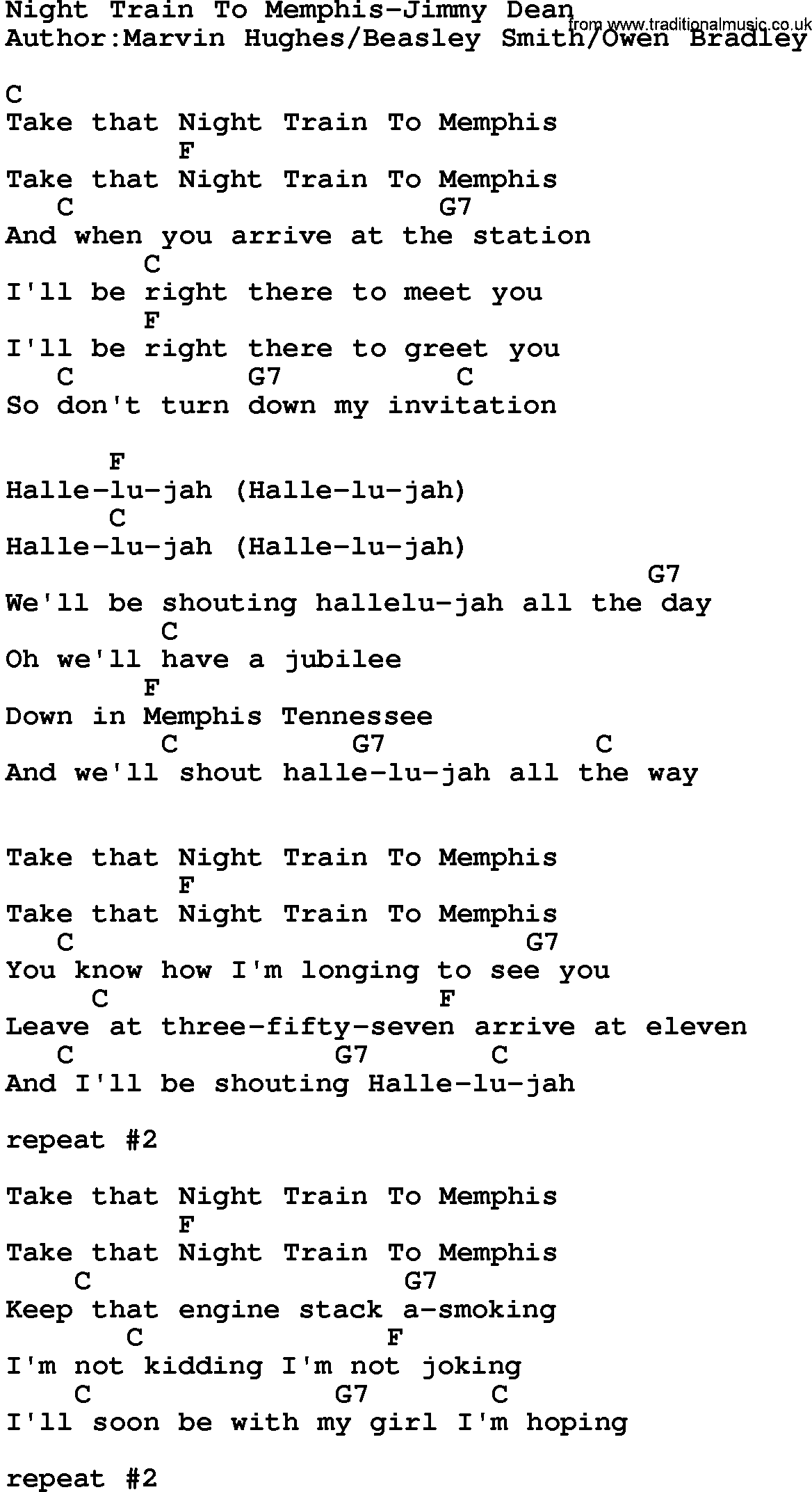 Country music song: Night Train To Memphis-Jimmy Dean lyrics and chords
